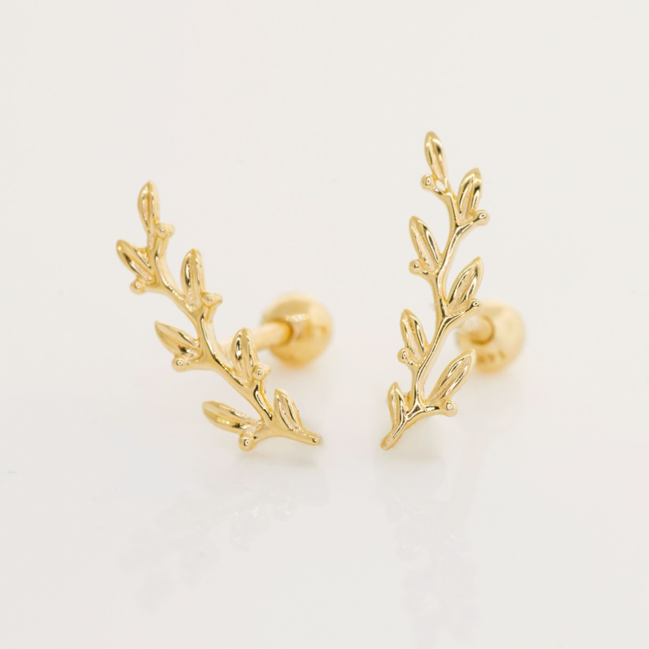 14k Solid Gold Curved Leaf Shaped Stud Piercing Earring - Anygolds