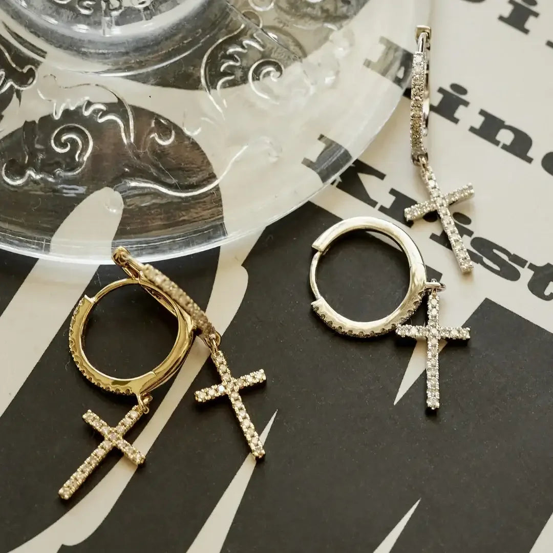 14K Solid Gold Diamond Cross Hoop Drop Earrings – Anygolds