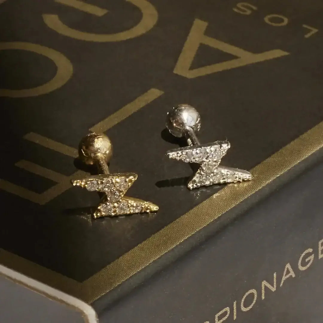 14K Solid Gold Diamond Lightning Bolt Stud – Anygolds