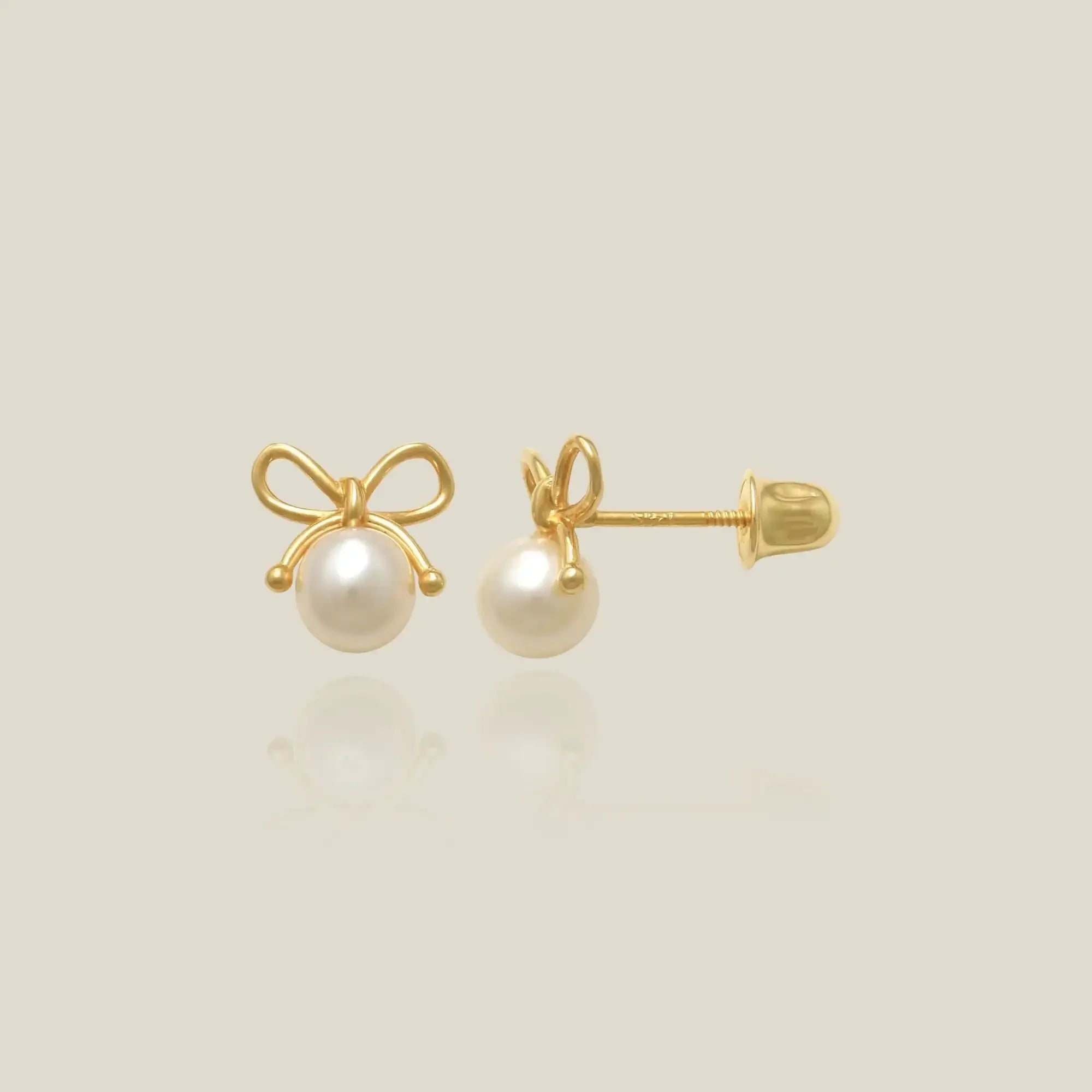 14K Solid Gold Pearl & Bow Stud Earrings – Anygolds