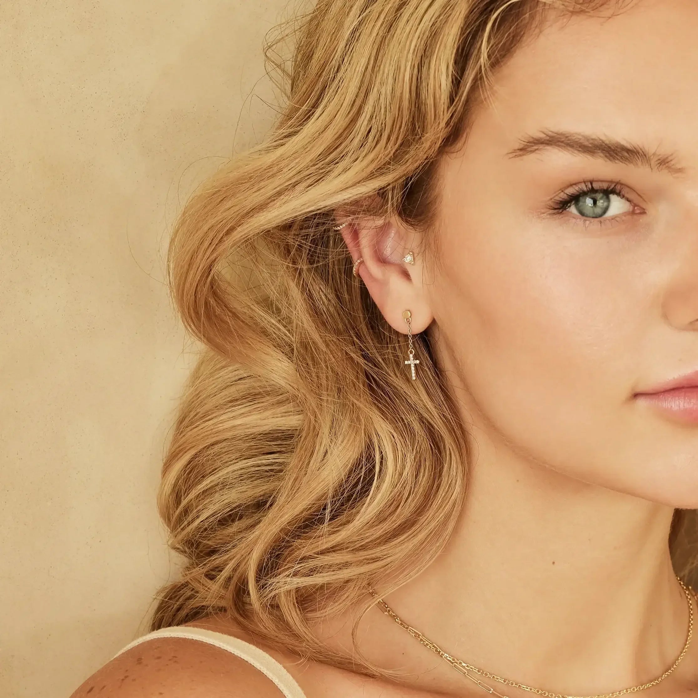 14K Solid Gold Diamond Cross Chain Drop Earrings – Anygolds
