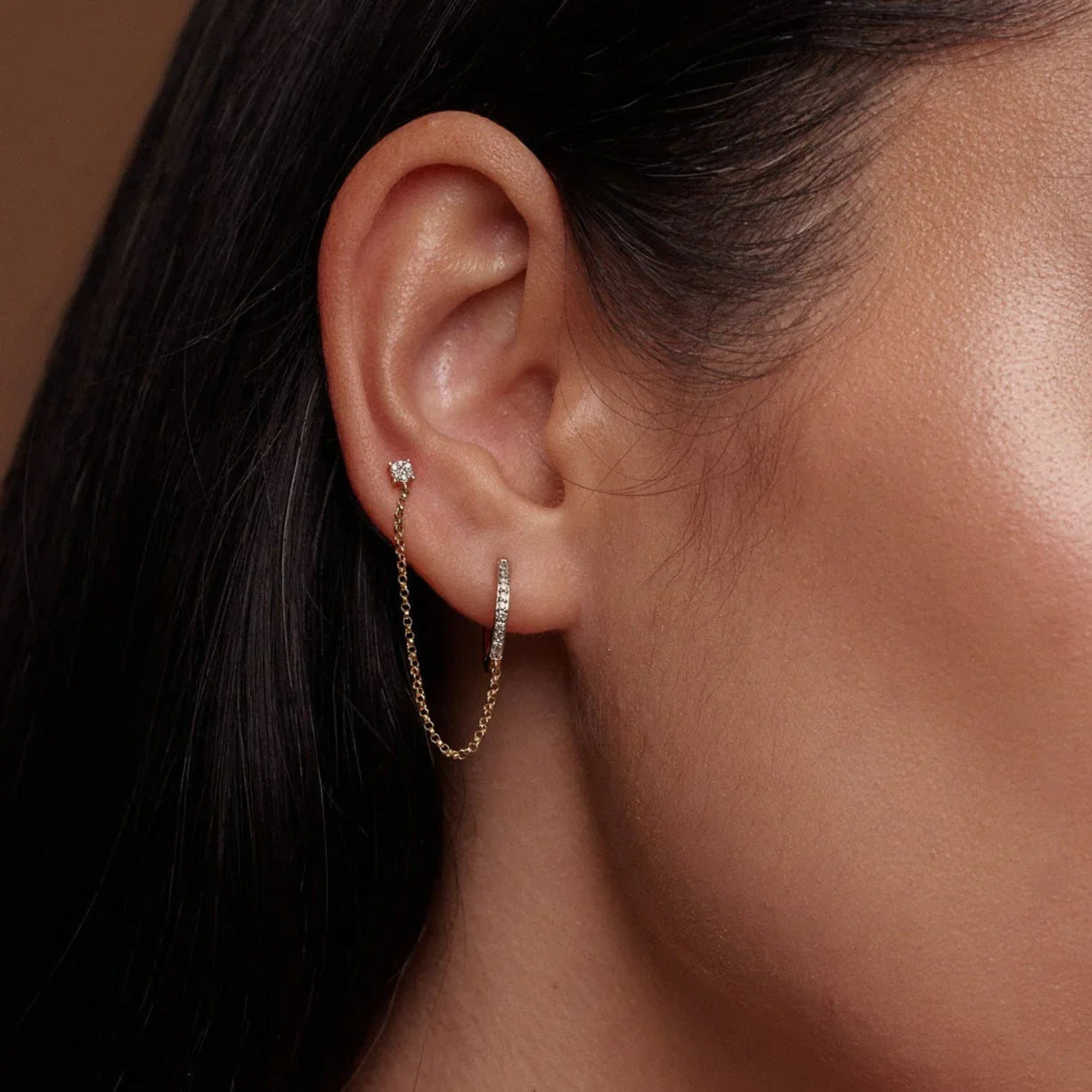 14K Solid Gold Diamond Hoop with Chain Double Stud Earring – Anygolds