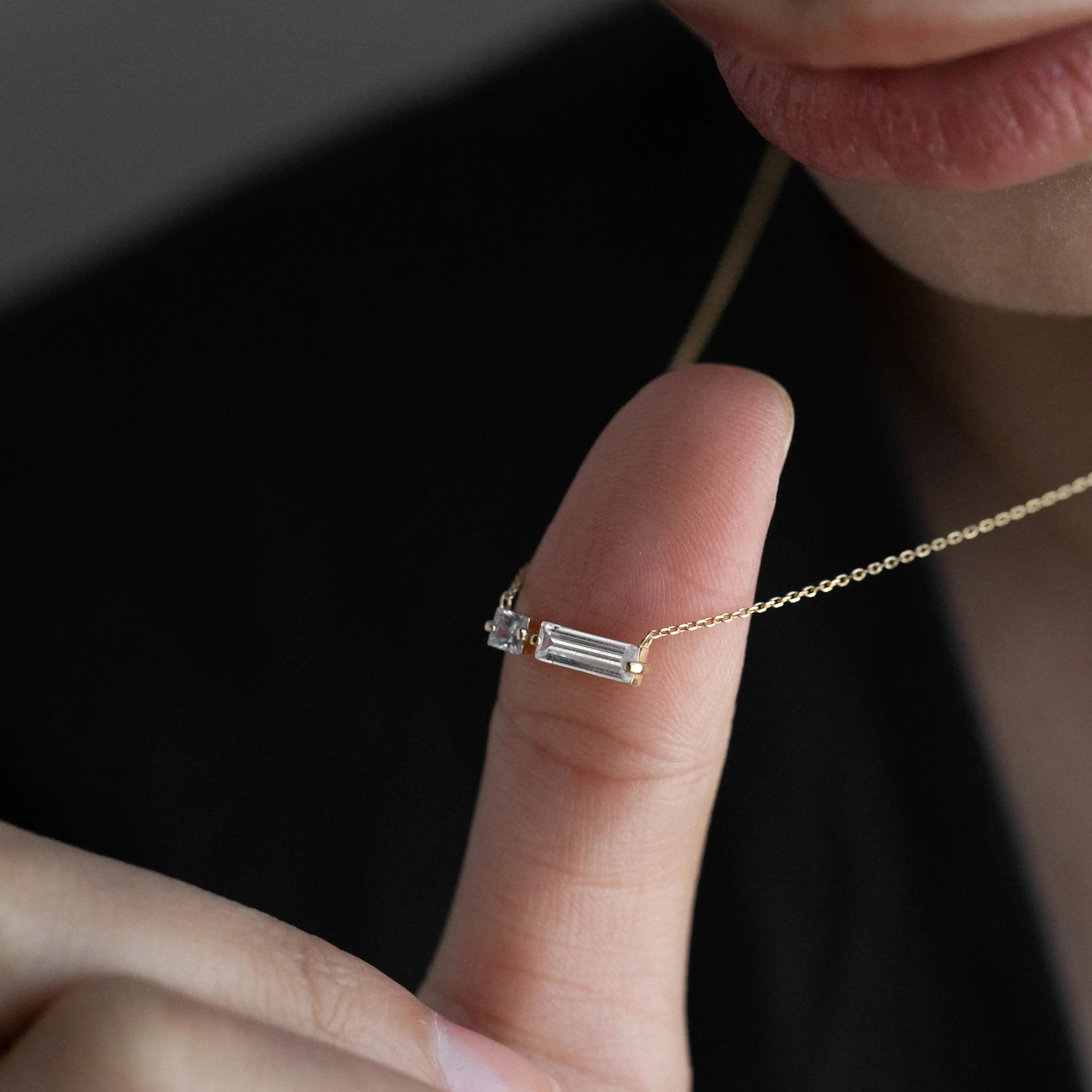 14K Solid Gold Straight Baguette Bar Necklace – Anygolds