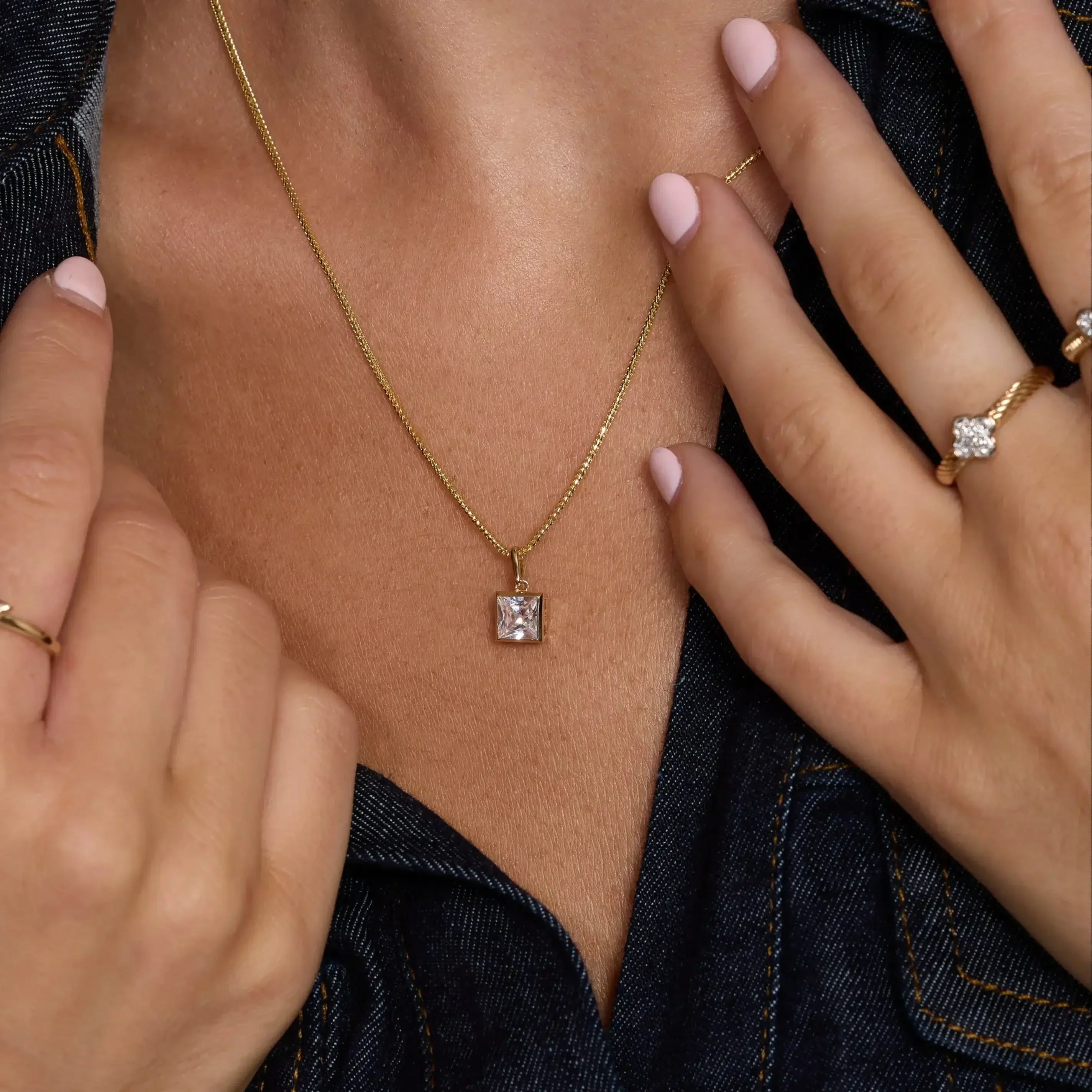 14K Solid Gold Princess-Cut Clear Square Charm – Anygolds