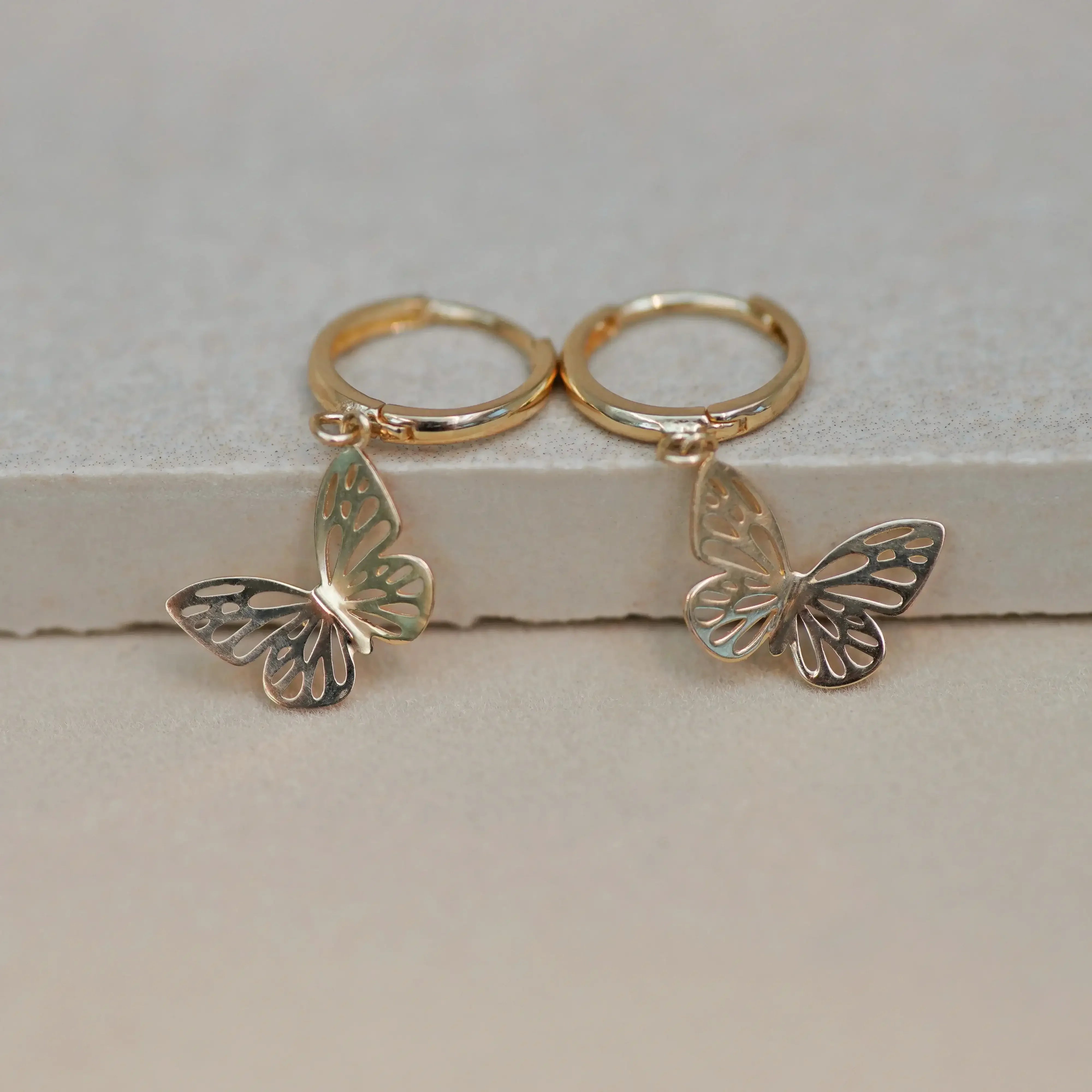 14K Solid Gold Open Butterfly Drop Huggie Earrings – Anygolds