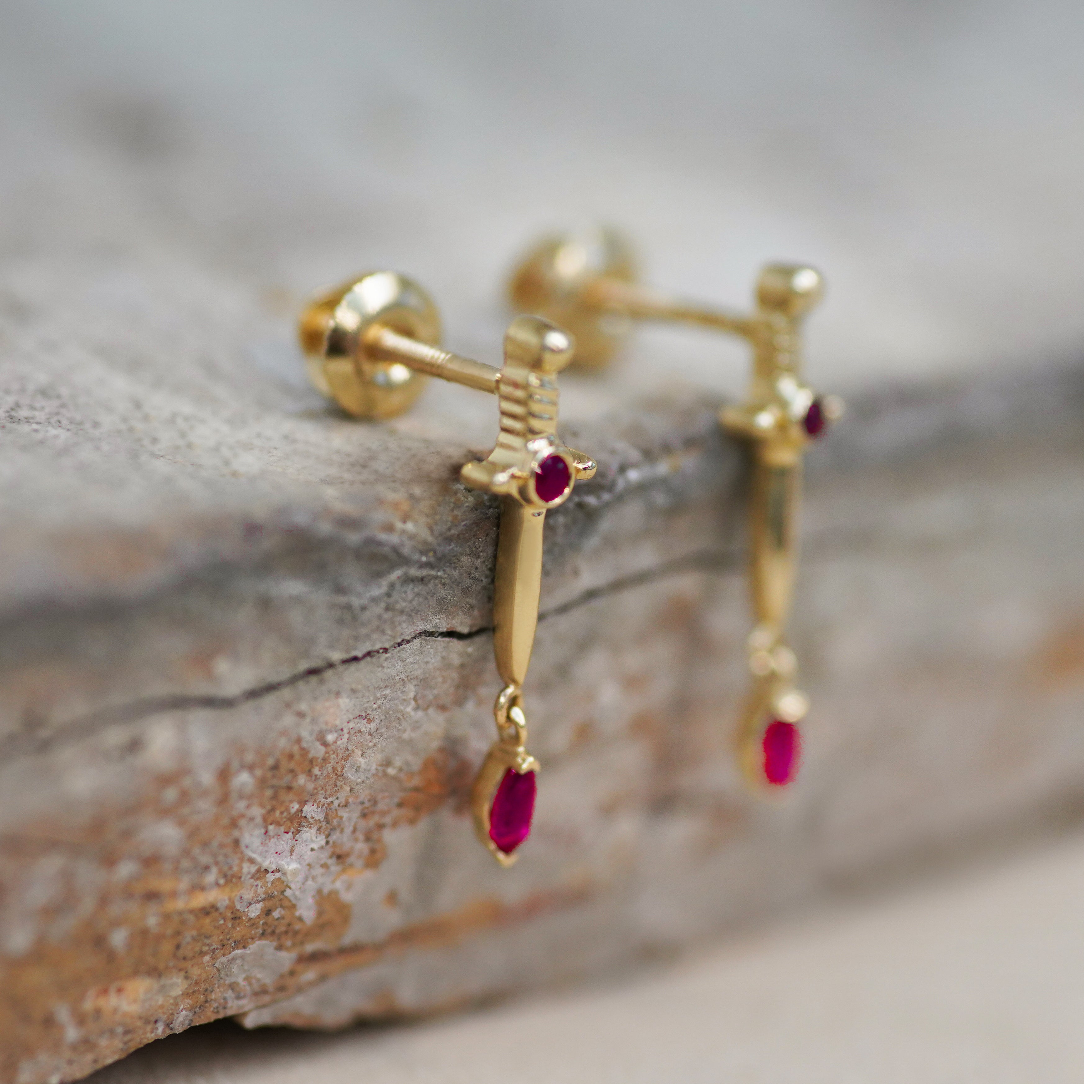 Ruby Dagger Stud Earrings (Pair, Single) - Anygolds