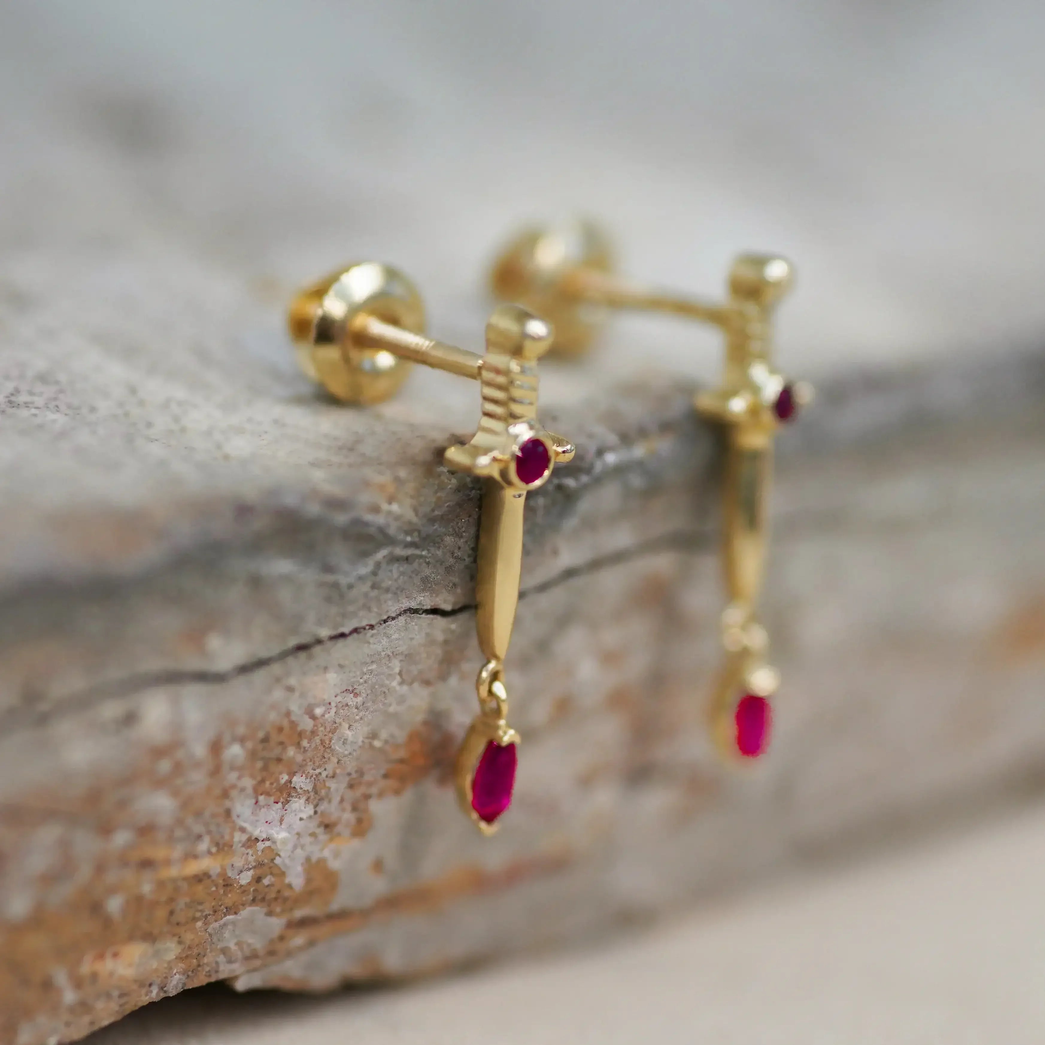 14K Solid Gold Ruby Dagger Stud Earrings (Pair, Single) – Anygolds