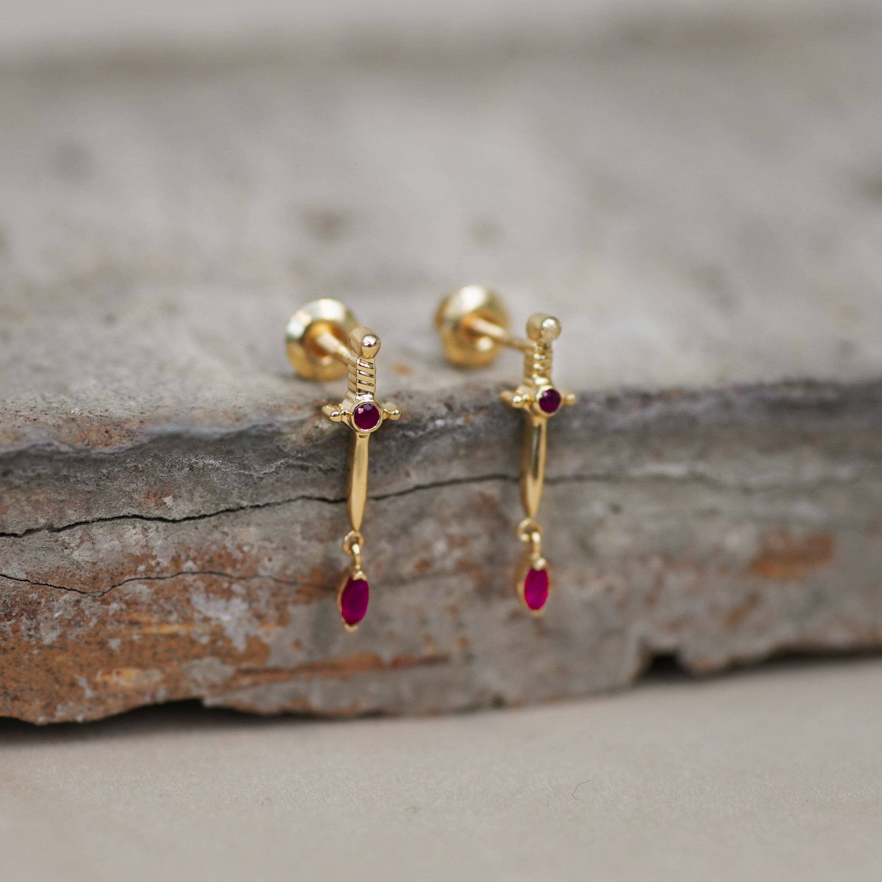 Ruby Dagger Stud Earrings (Pair, Single) - Anygolds