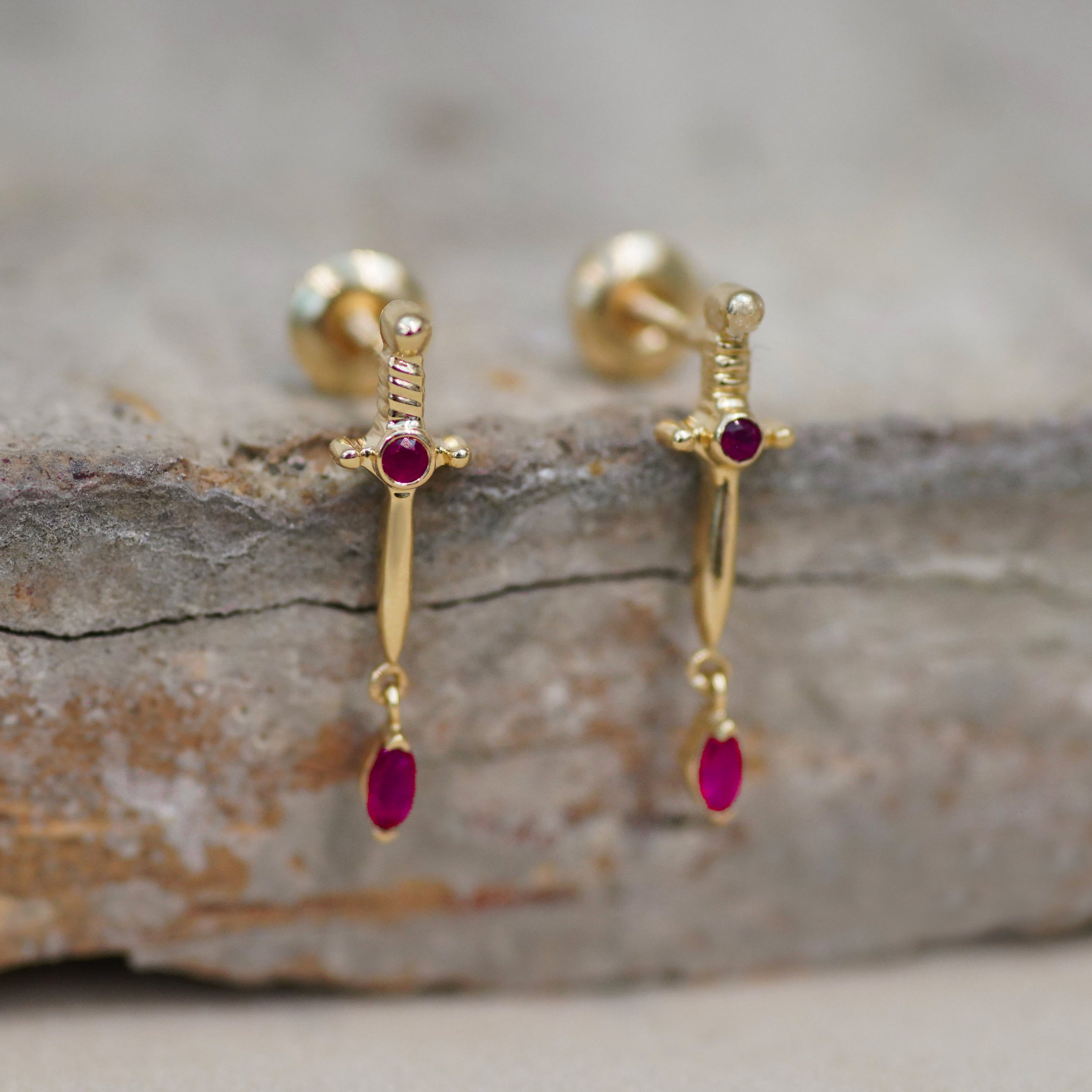 Ruby Dagger Stud Earrings (Pair, Single) - Anygolds