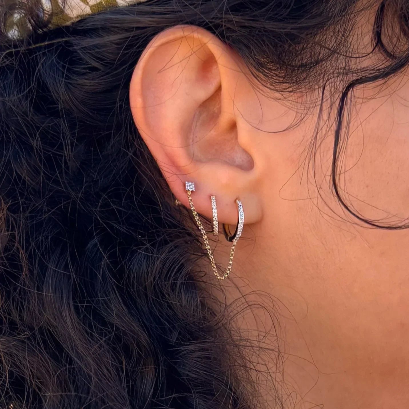 14K Solid Gold Diamond Hoop with Chain Double Stud Earring – Anygolds