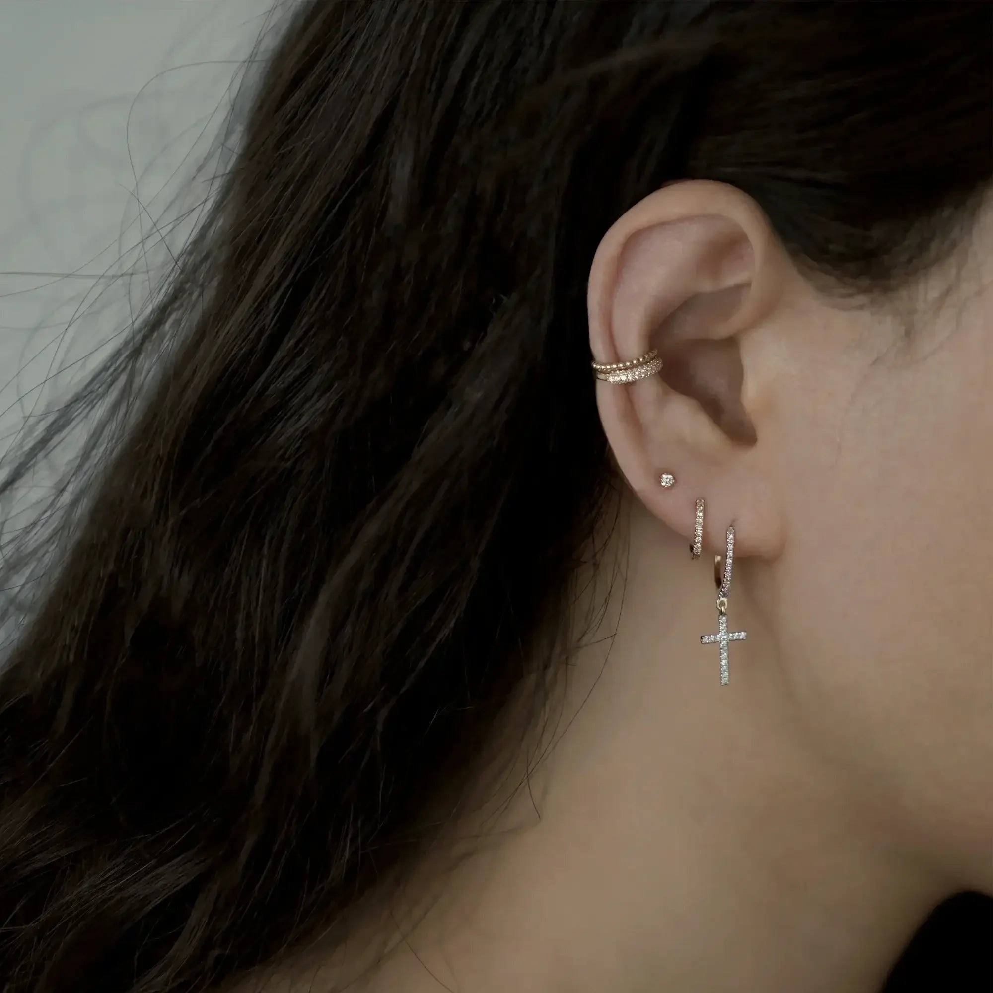 14K Solid Gold Diamond Cross Hoop Drop Earrings – Anygolds