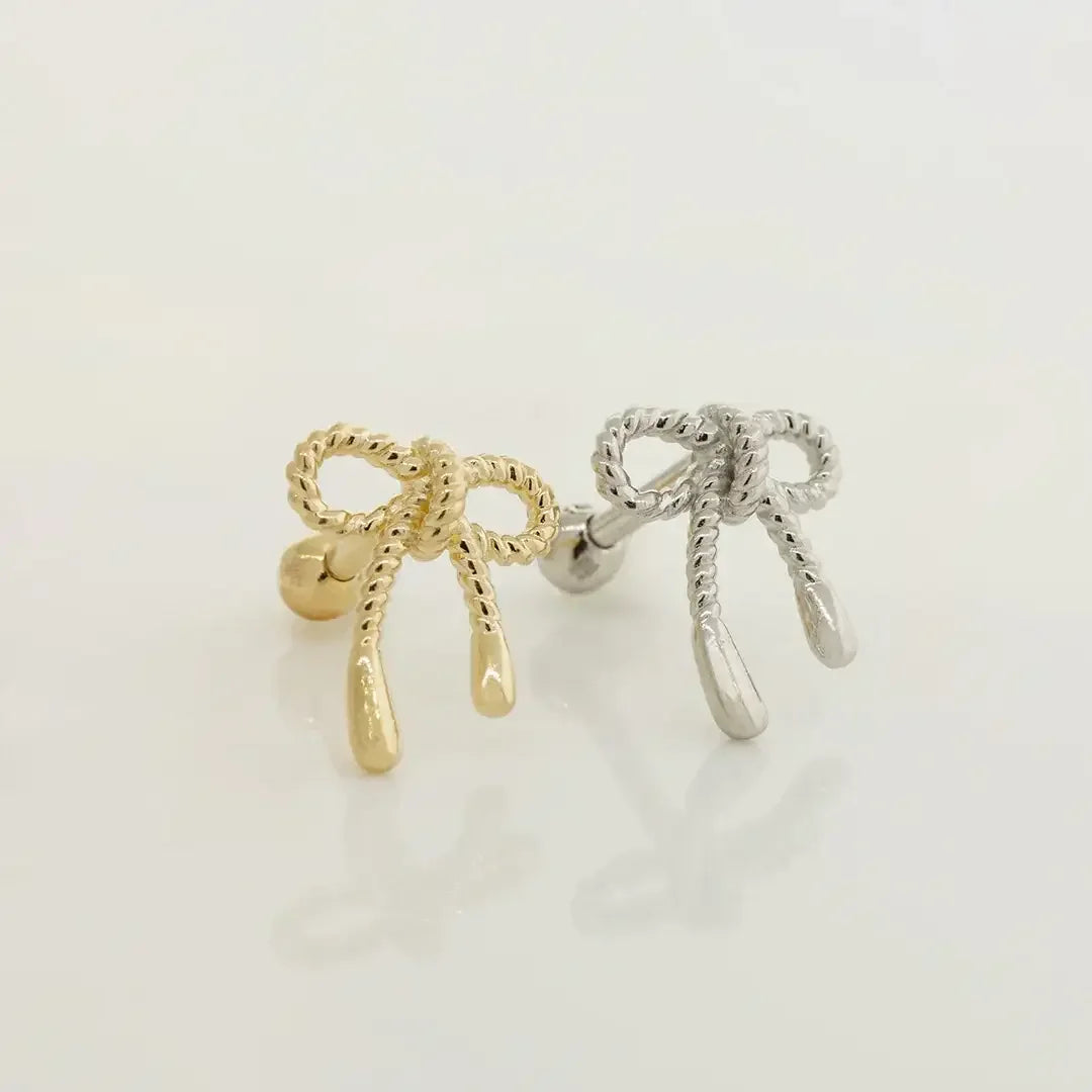 14K Solid Gold String Bow Ribbon Stud – Anygolds