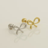 14K Solid Gold Mini Plain Ribbon Bow Stud Piercing Earring - Anygolds 