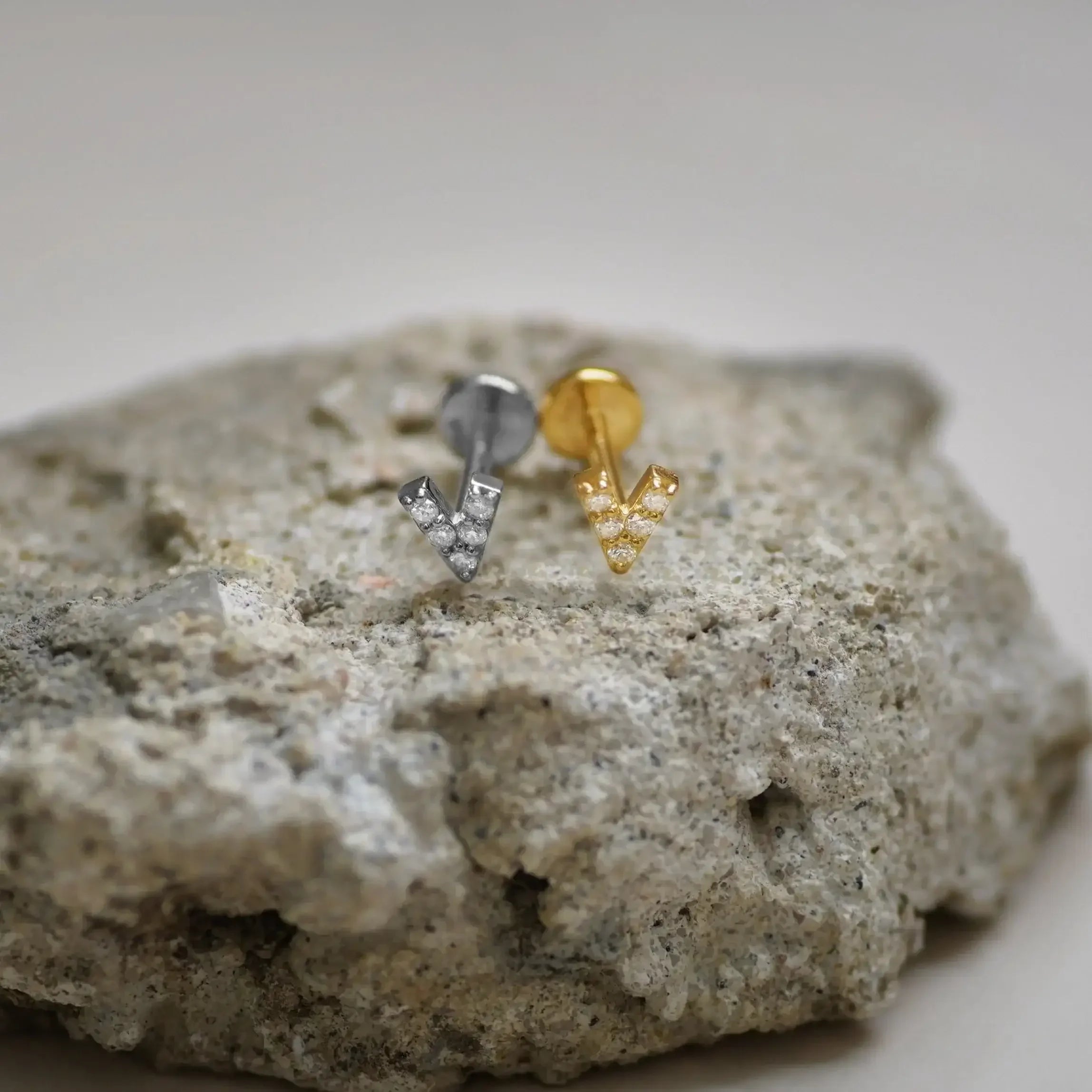 14K Solid Gold Diamond V Shape Stud – Anygolds