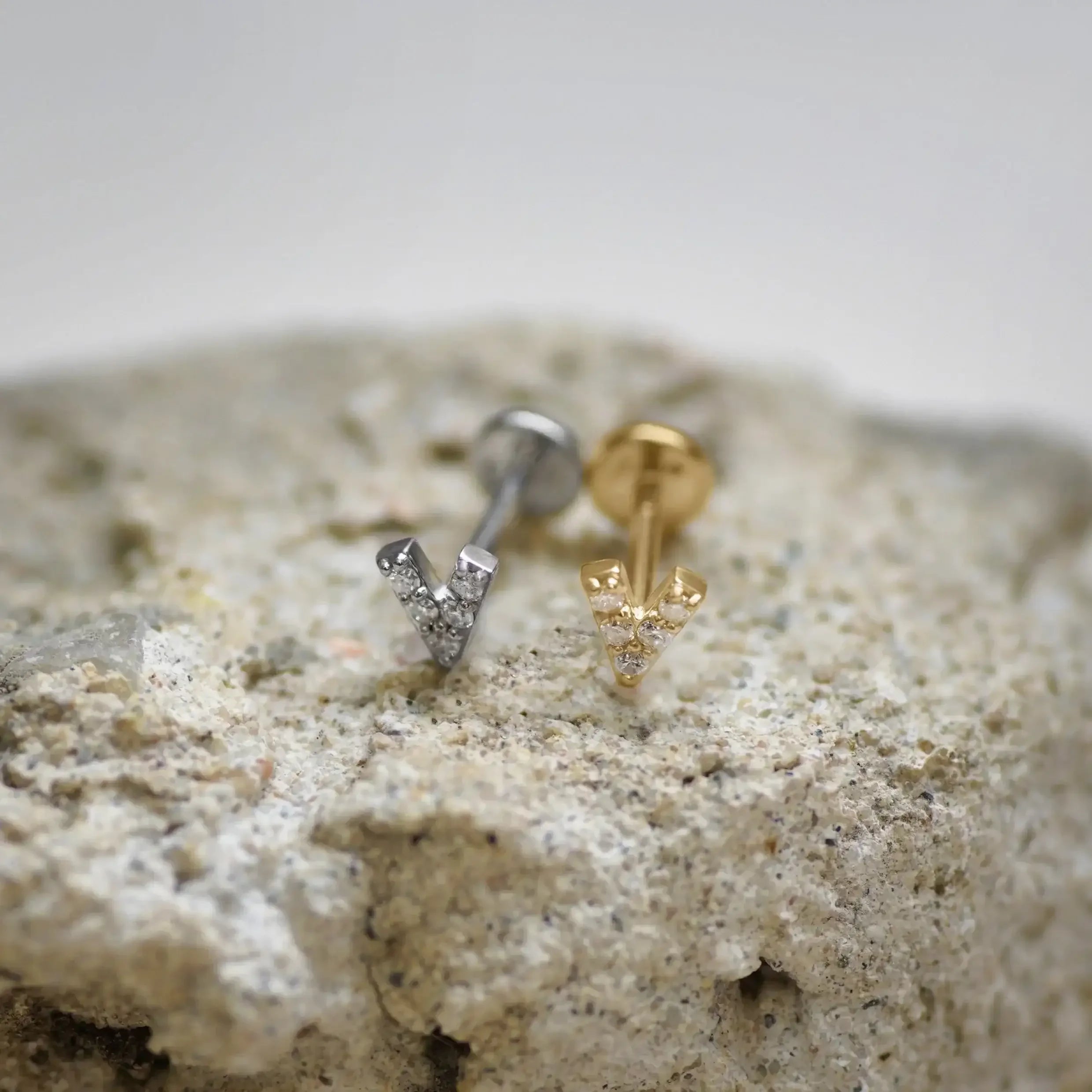 14K Solid Gold Diamond V Shape Stud – Anygolds