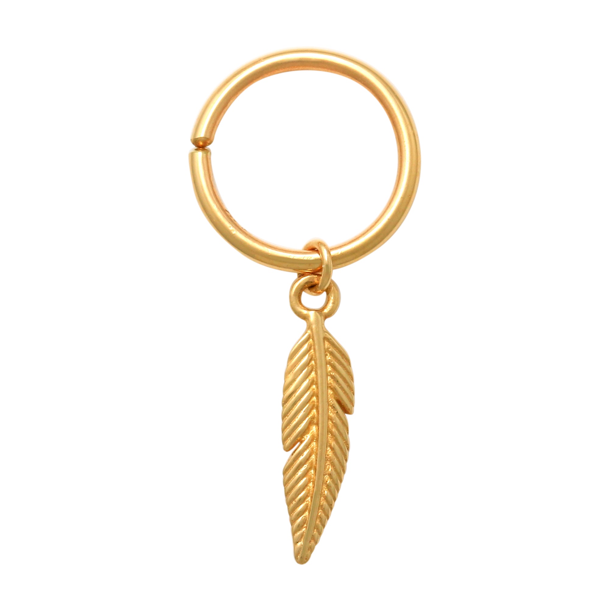 14K Solid Gold Leaf & Feather Dangle Hoop Piercing Earring - Anygolds 