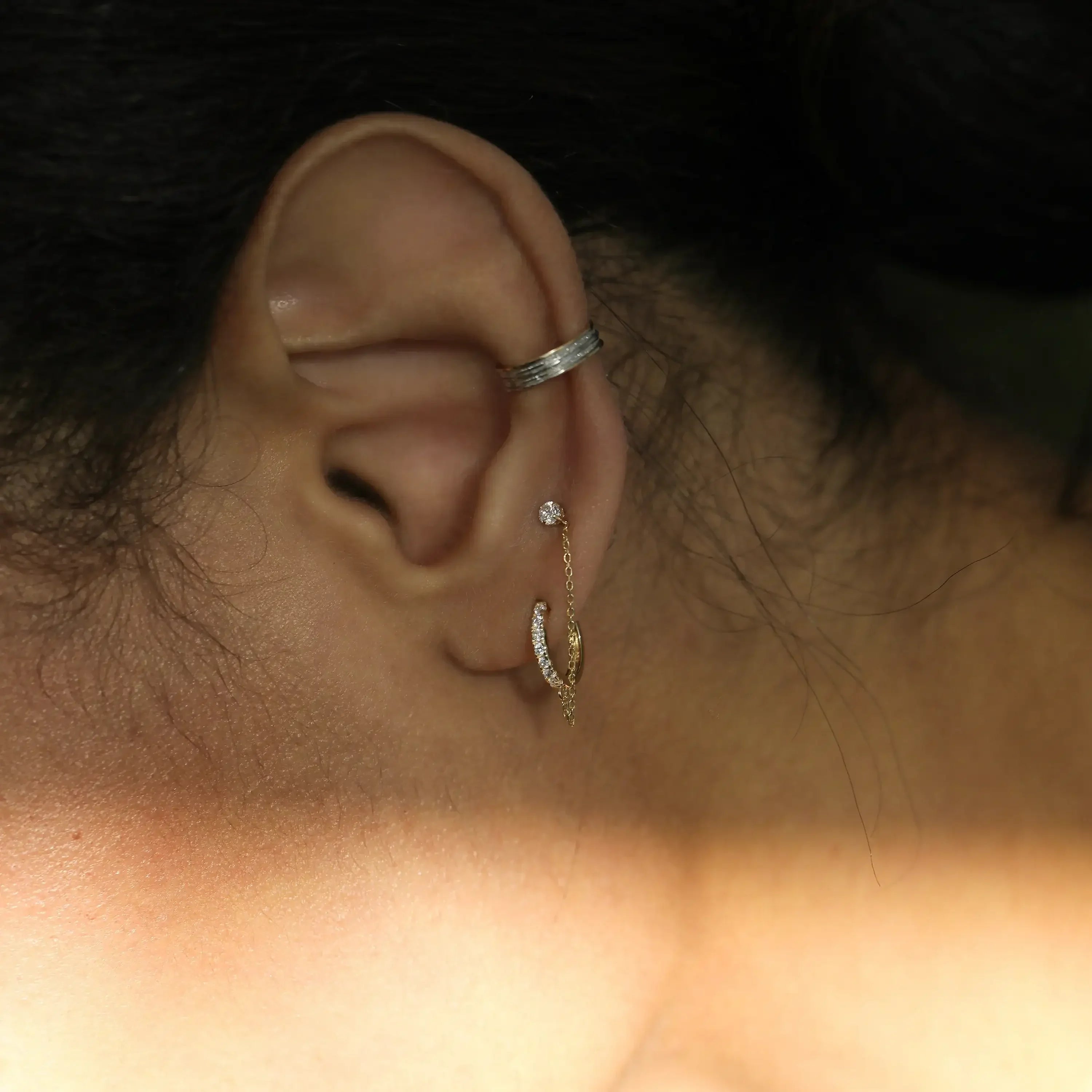 14K Solid Gold CZ Hoop with Chain Double Stud Earring – Anygolds