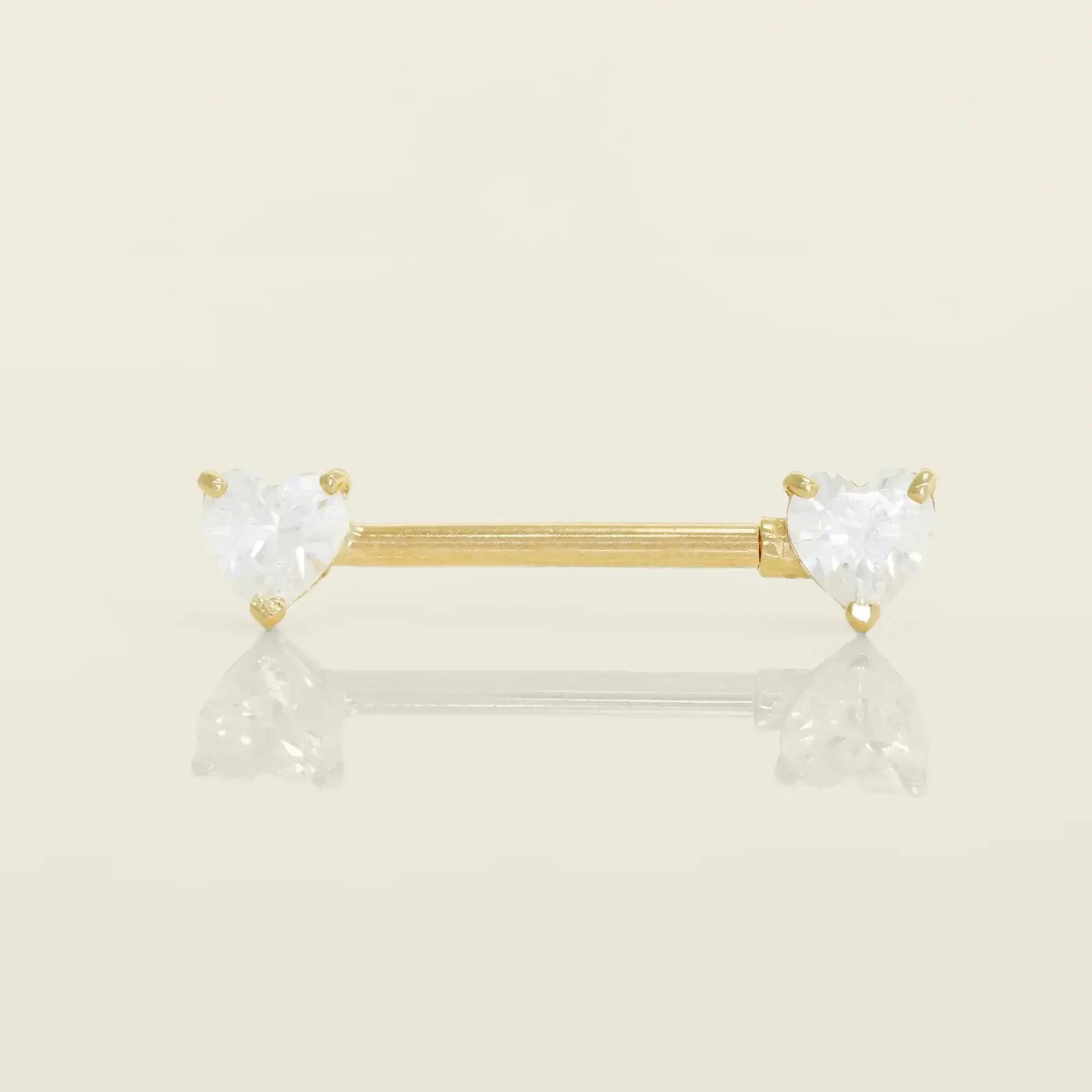 14K Solid Gold CZ Double Heart Straight Barbell – Anygolds