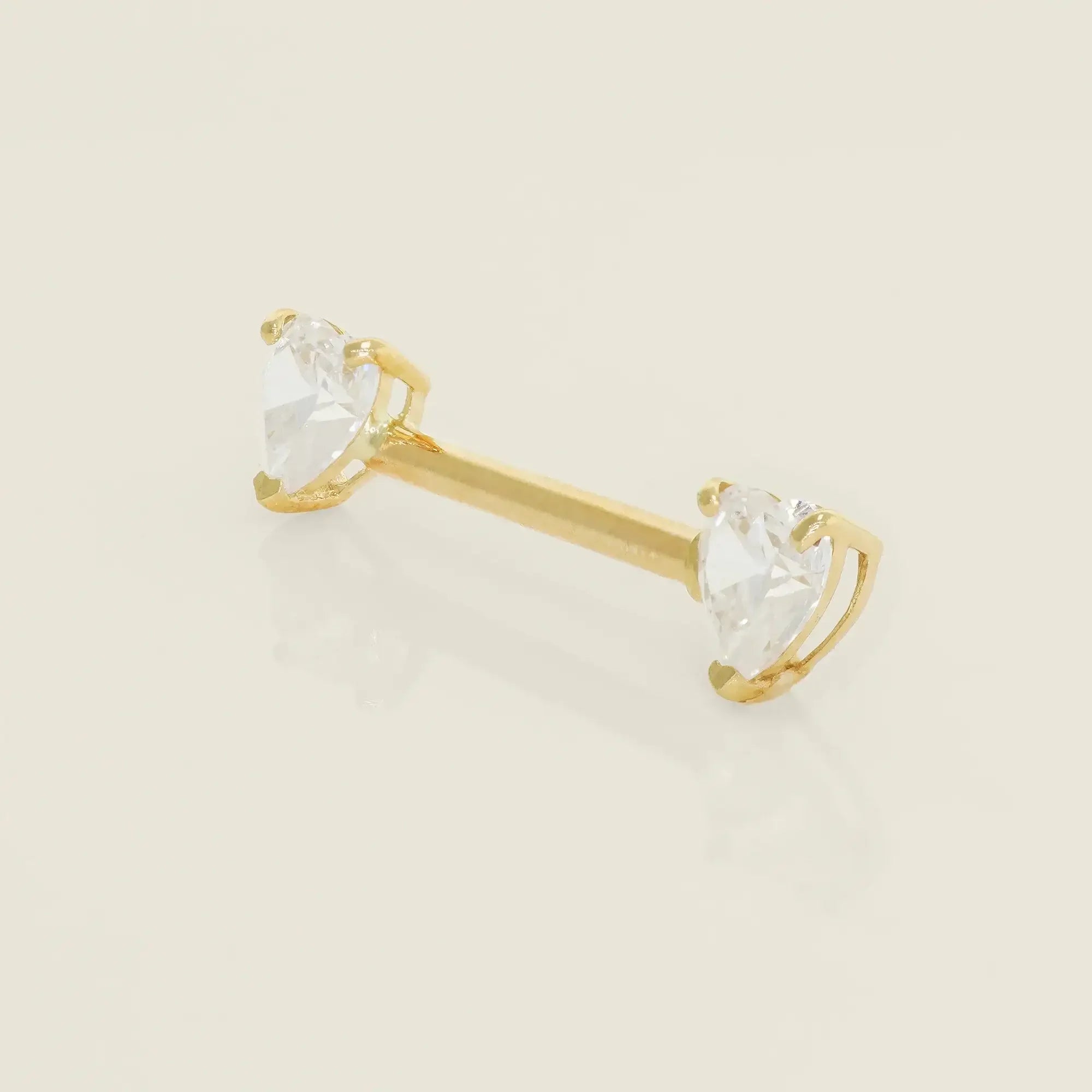 14K Solid Gold CZ Double Heart Straight Barbell – Anygolds
