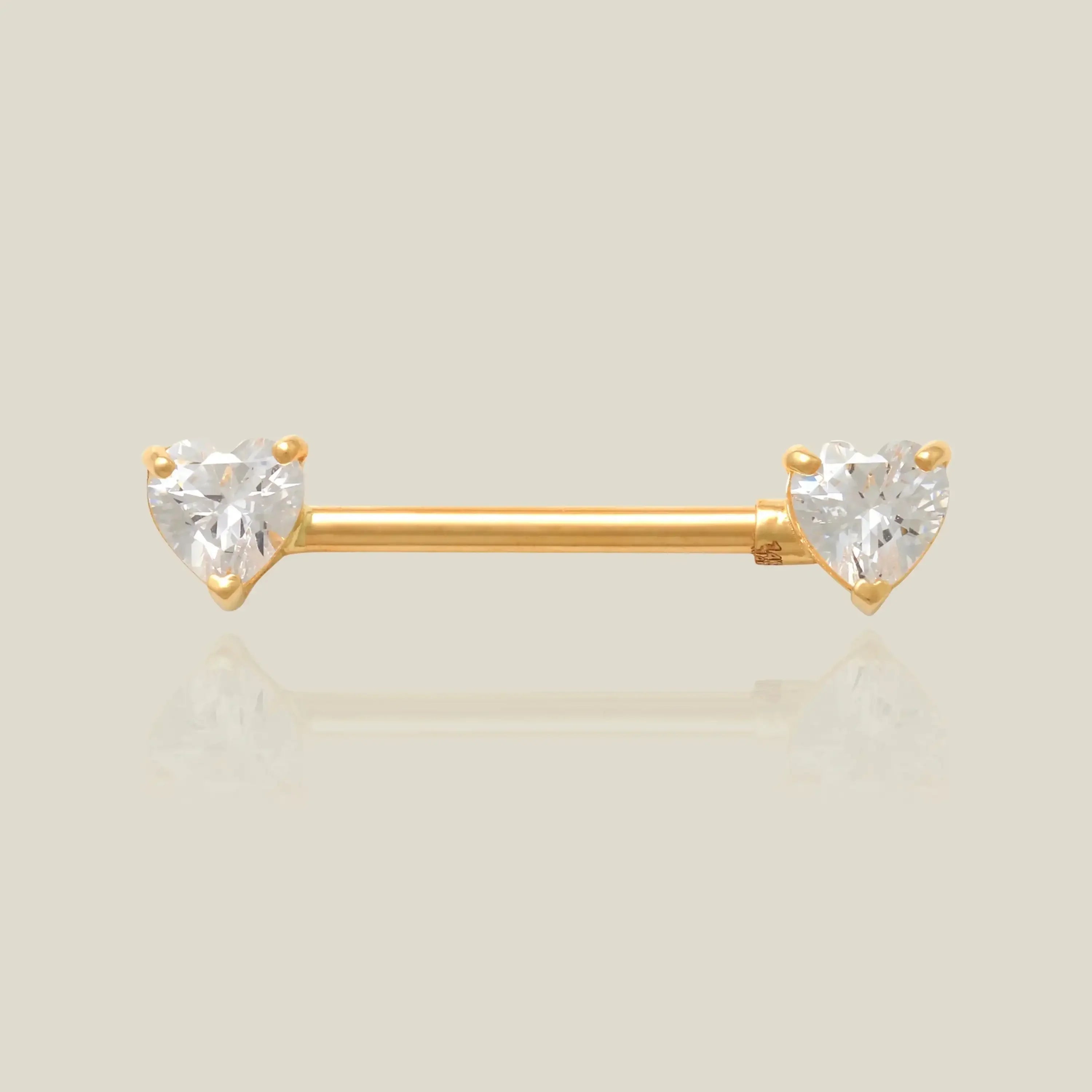 14K Solid Gold CZ Double Heart Straight Barbell – Anygolds