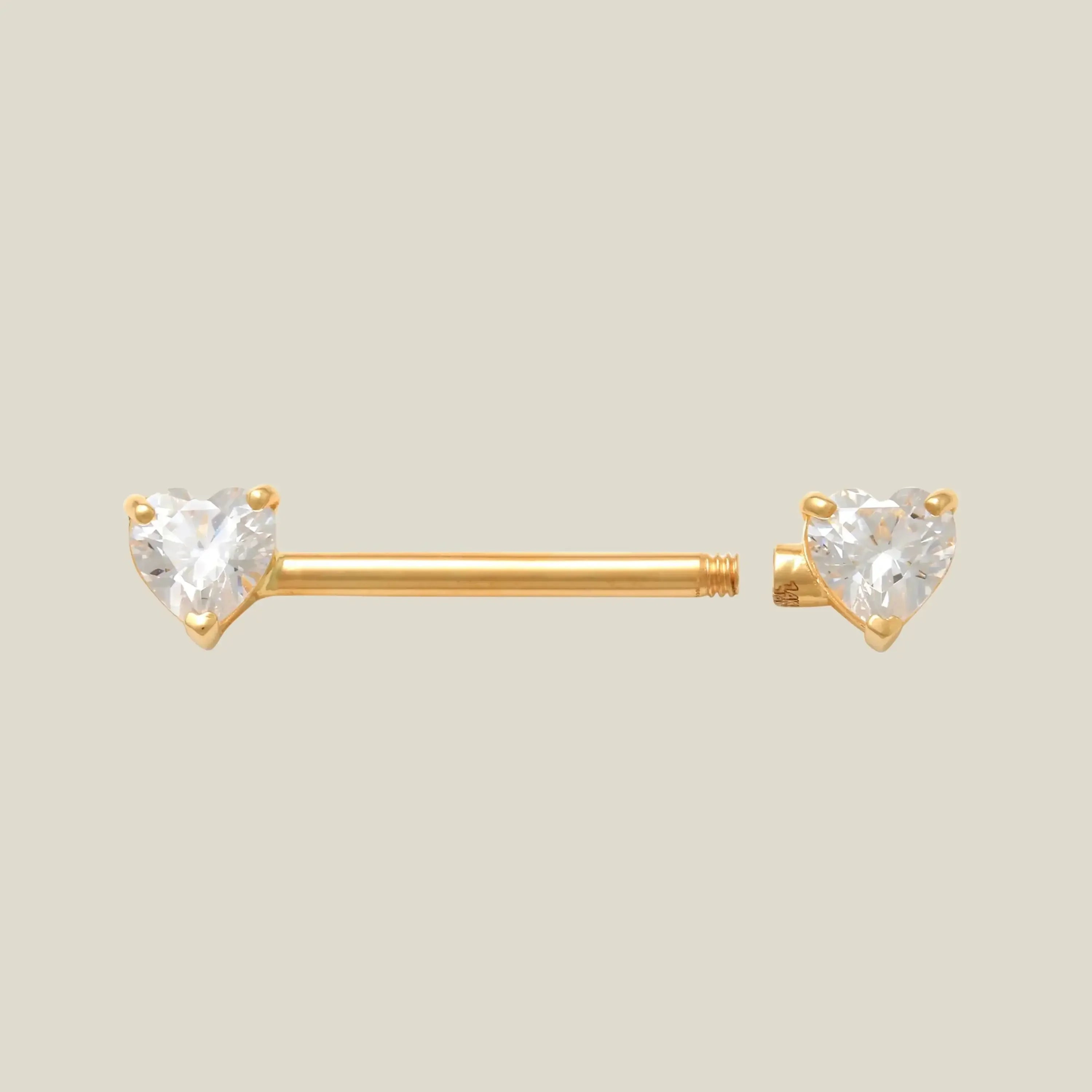 14K Solid Gold CZ Double Heart Straight Barbell – Anygolds