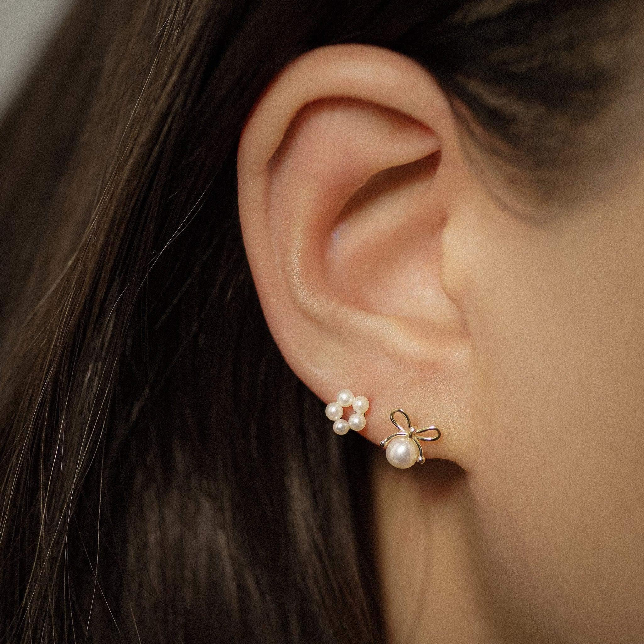 14K Solid Gold Pearl & Bow Stud Earrings – Anygolds