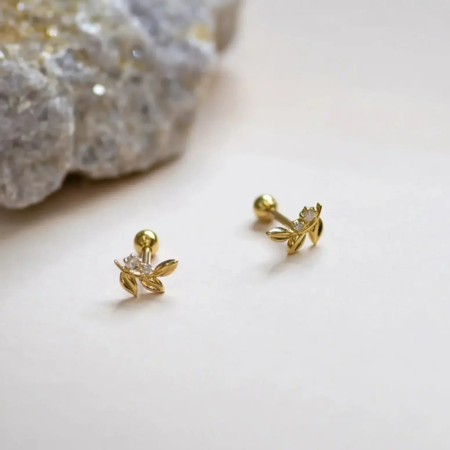 14K Solid Gold Diamond Olive Leaf Stud – Anygolds