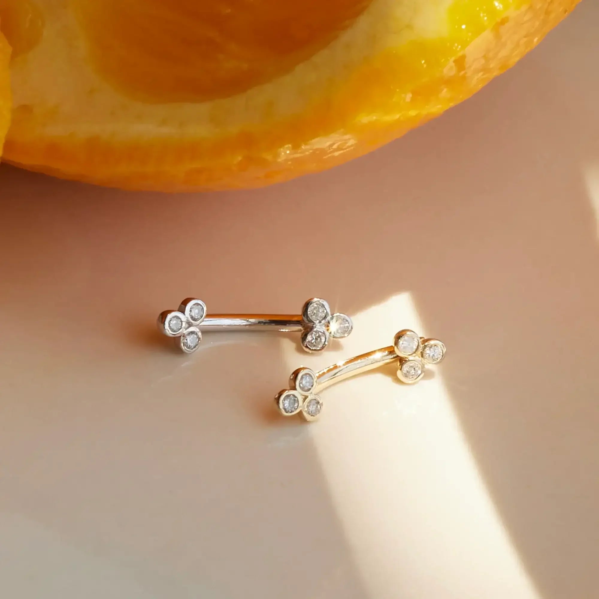 14K Solid Gold Diamond Trinity Floral Curved Barbell – Anygolds