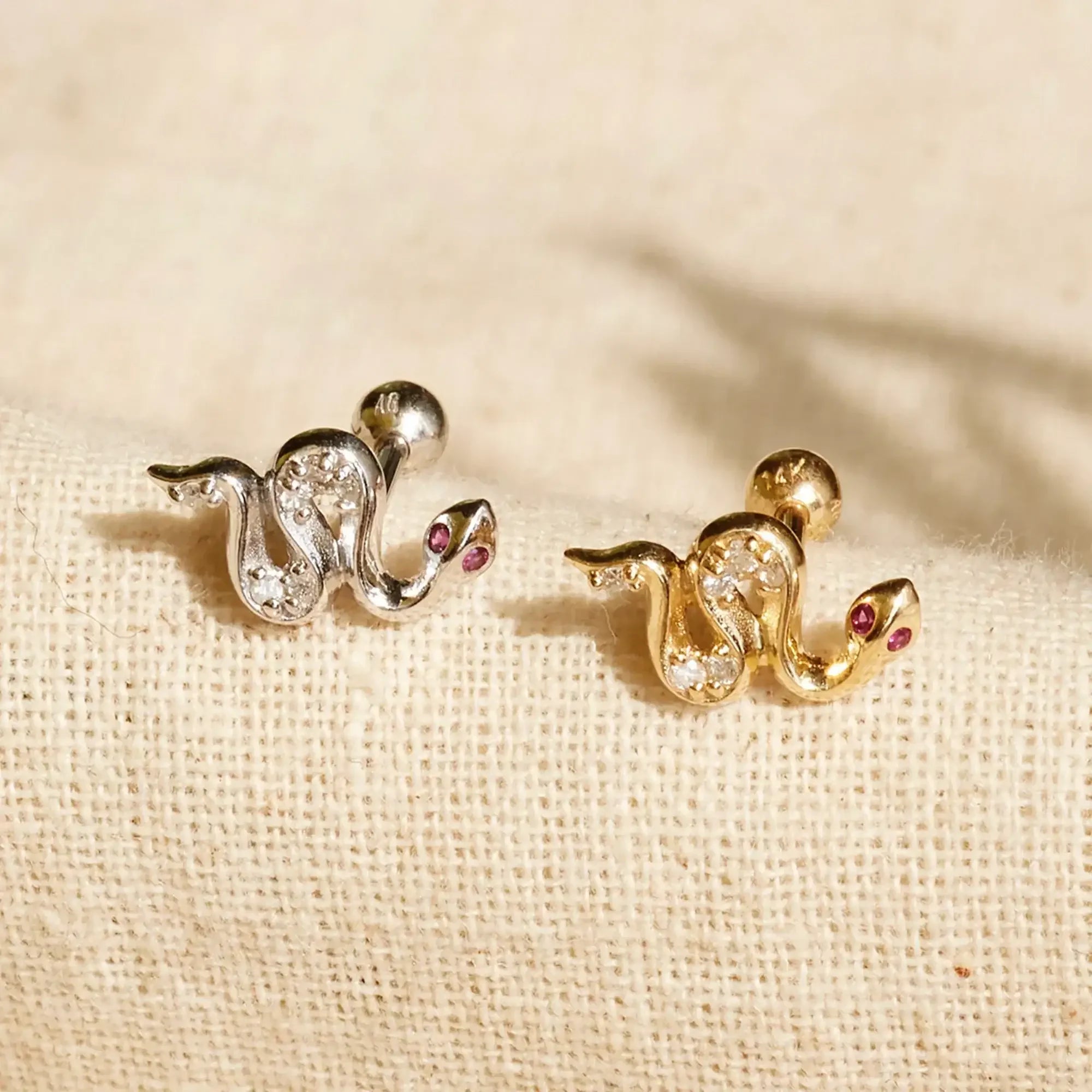 14K Solid Gold Diamond & Ruby Snake Stud – Anygolds