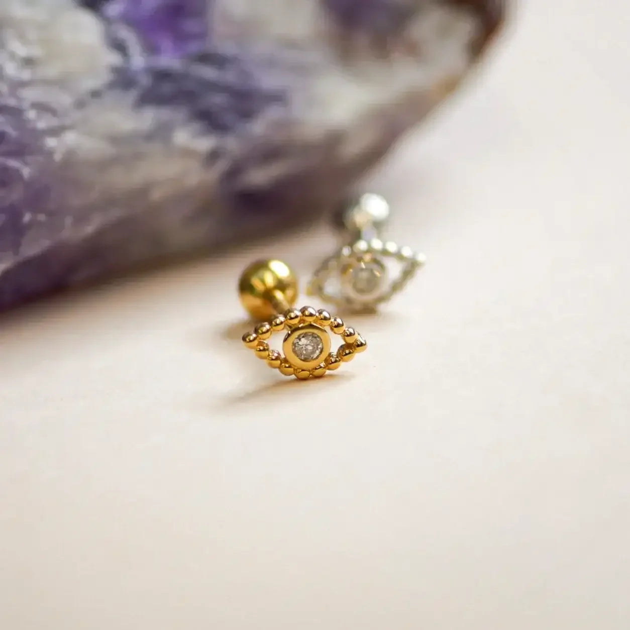 14K Solid Gold Beaded Diamond Evil Eye Stud – Anygolds