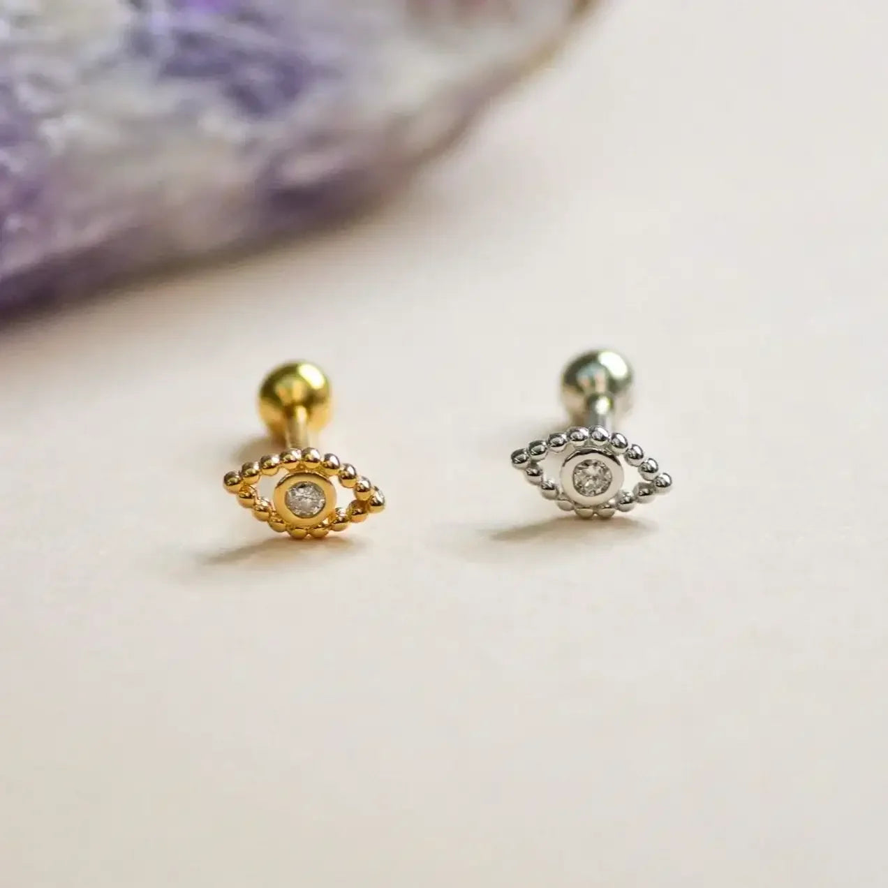 14K Solid Gold Beaded Diamond Evil Eye Stud – Anygolds