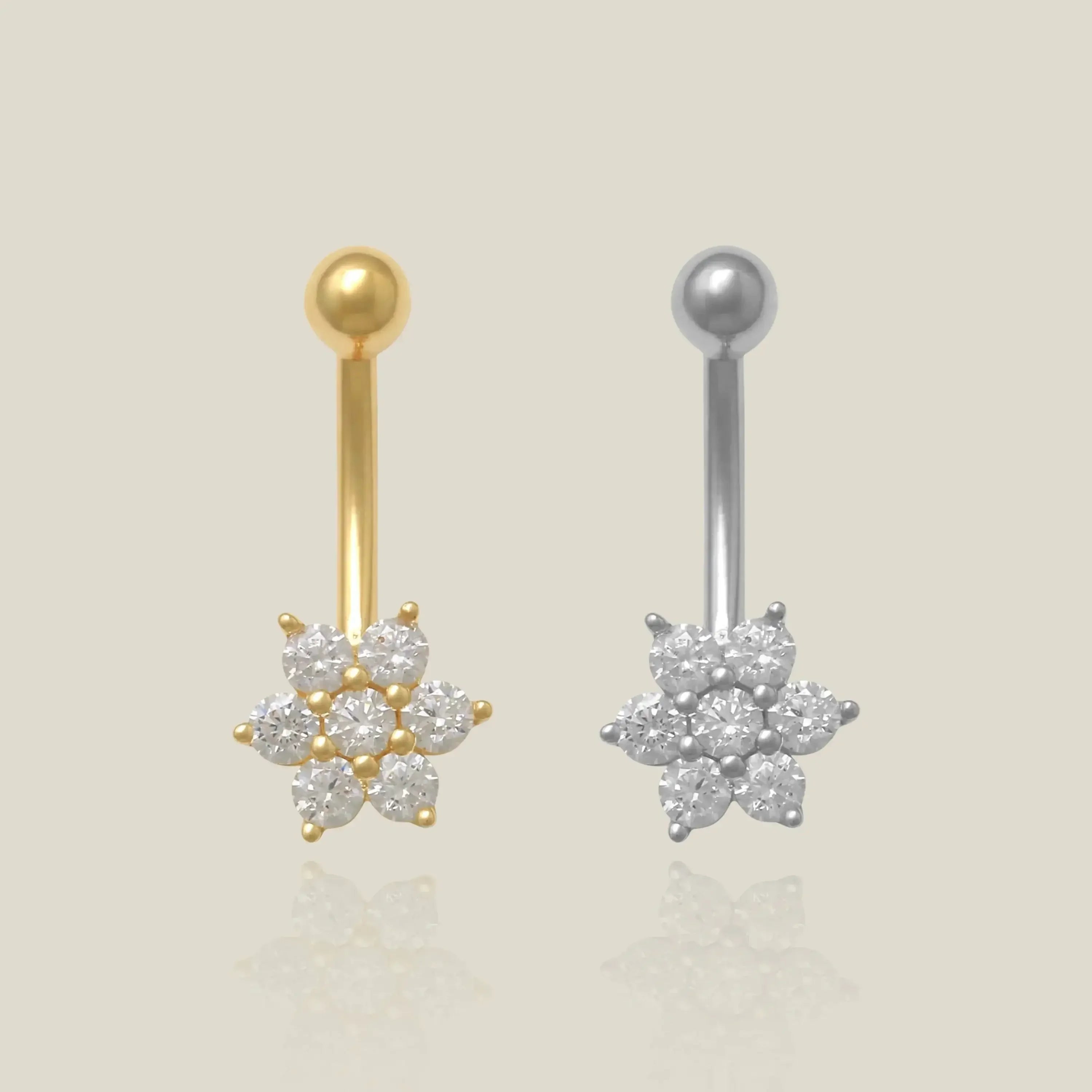 14K Solid Gold Daisy Flower Stone Curved Barbell – Anygolds