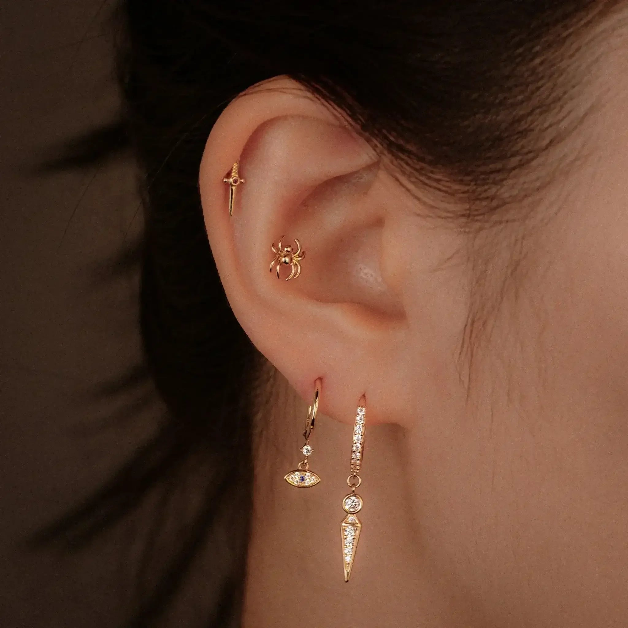 14K Solid Gold CZ Spike Round Drop Huggie Earring (Pair, Single) – Anygolds