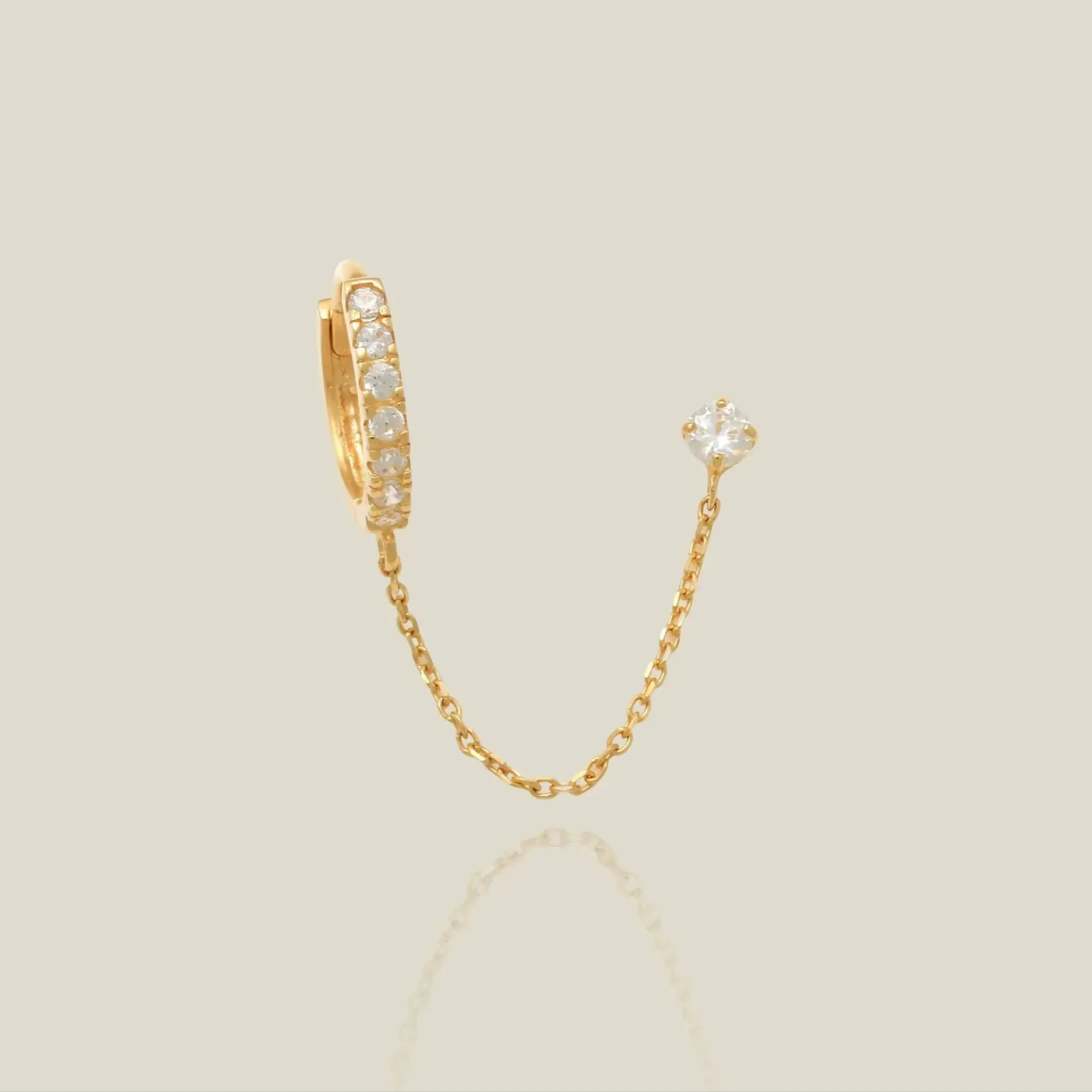 14K Solid Gold CZ Hoop with Chain Double Stud Earring – Anygolds