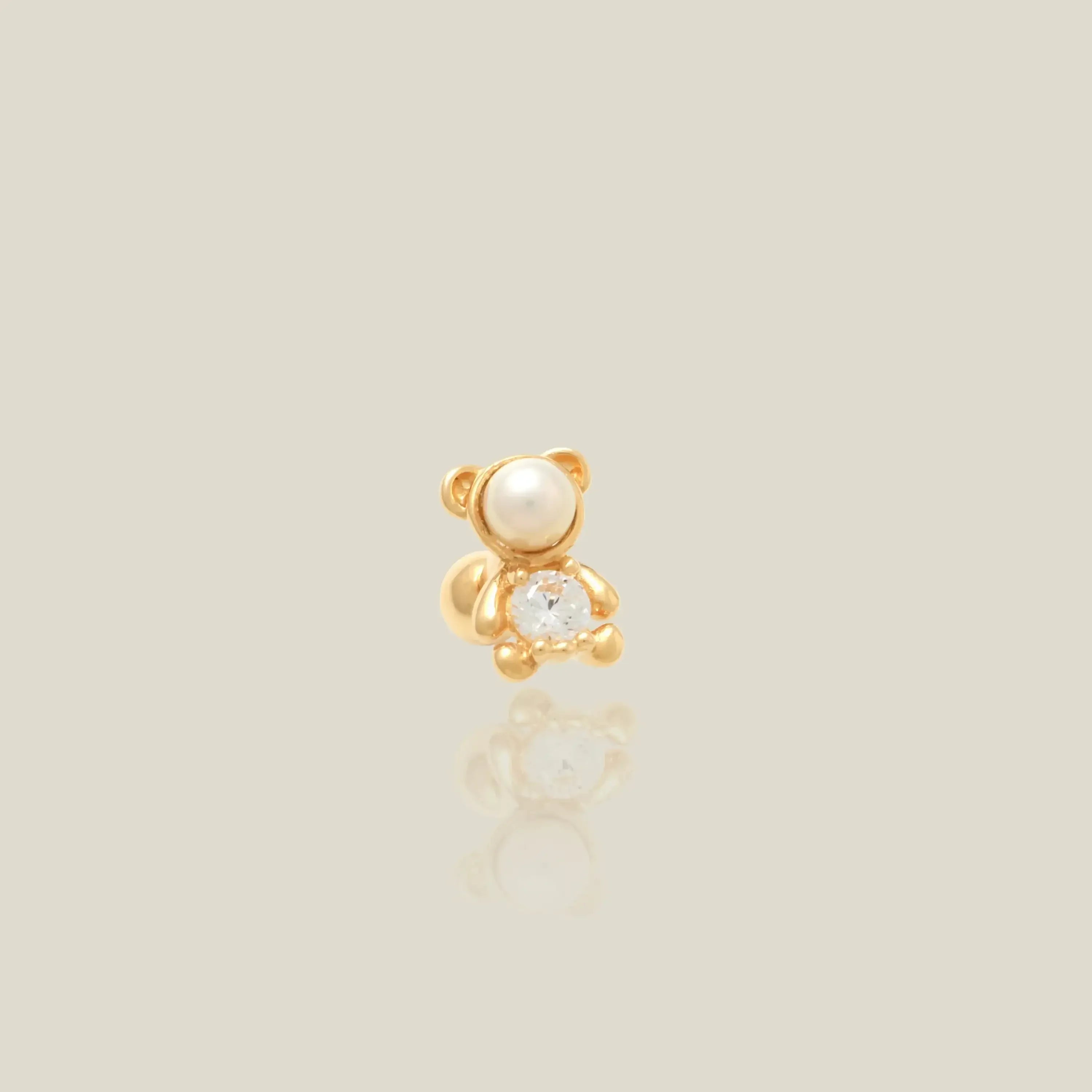 14K Solid Gold Pearl & Stone Teddy Bear Stud – Anygolds