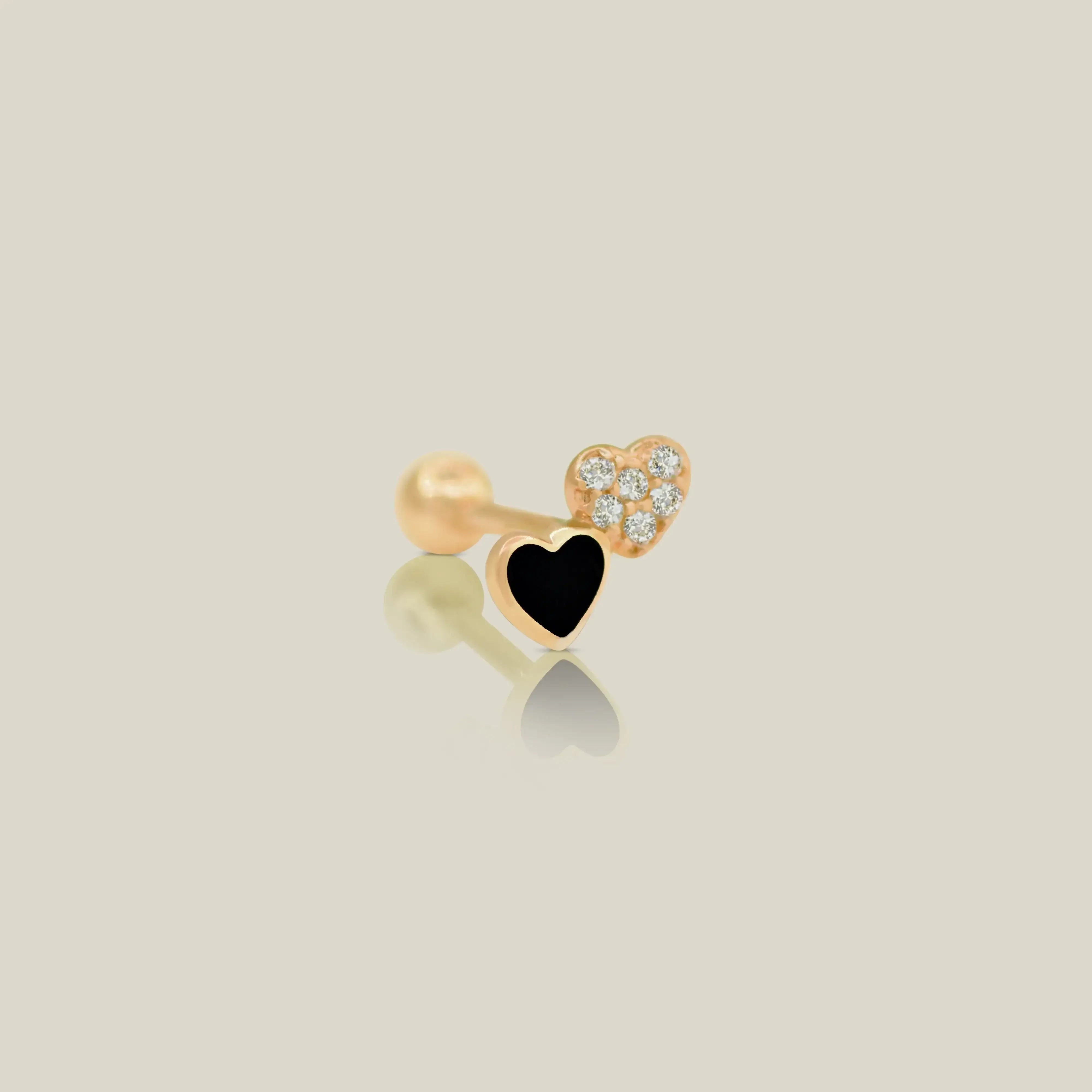 14K Solid Gold Black & White Double Heart Stud – Anygolds