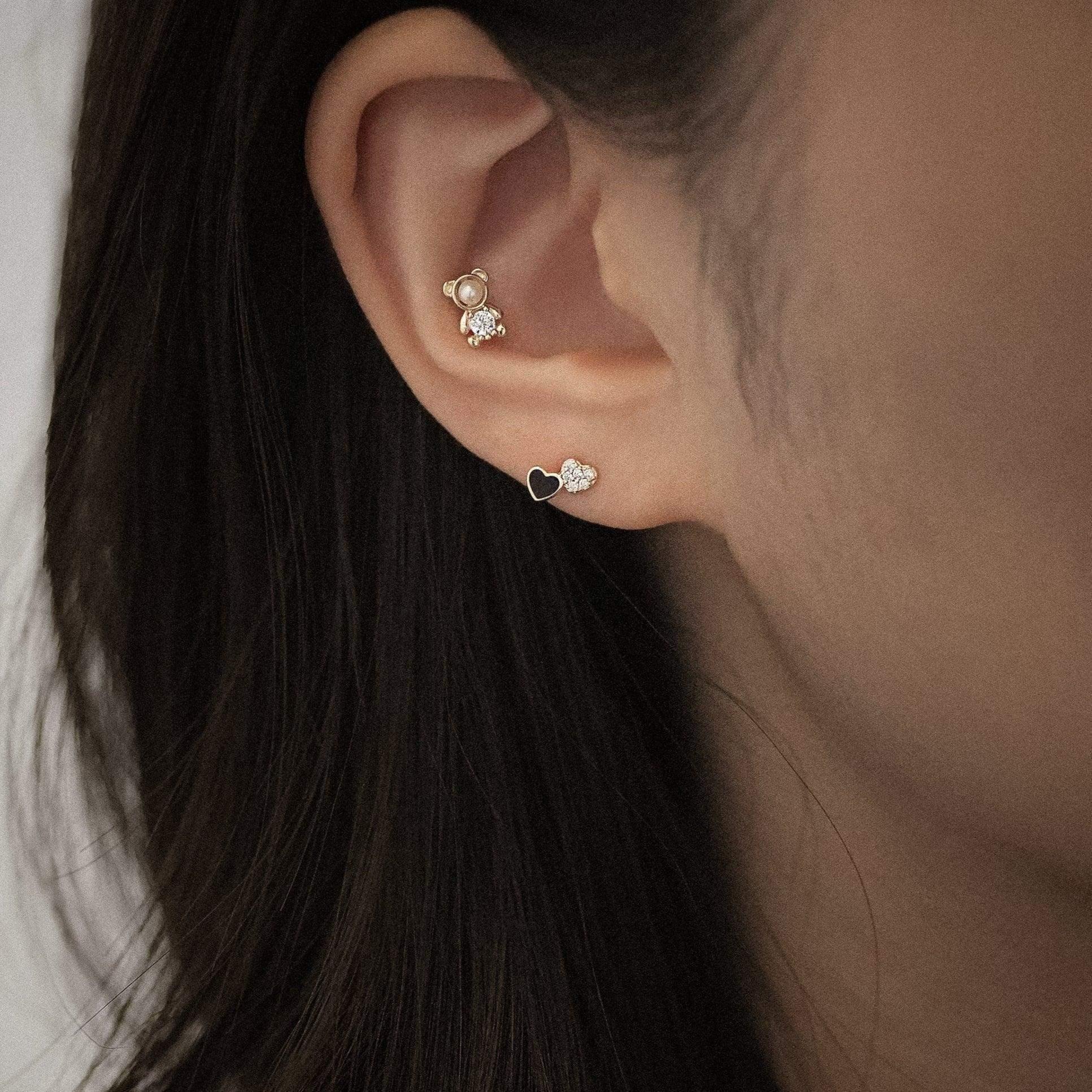 14K Solid Gold Black & White Double Heart Stud – Anygolds