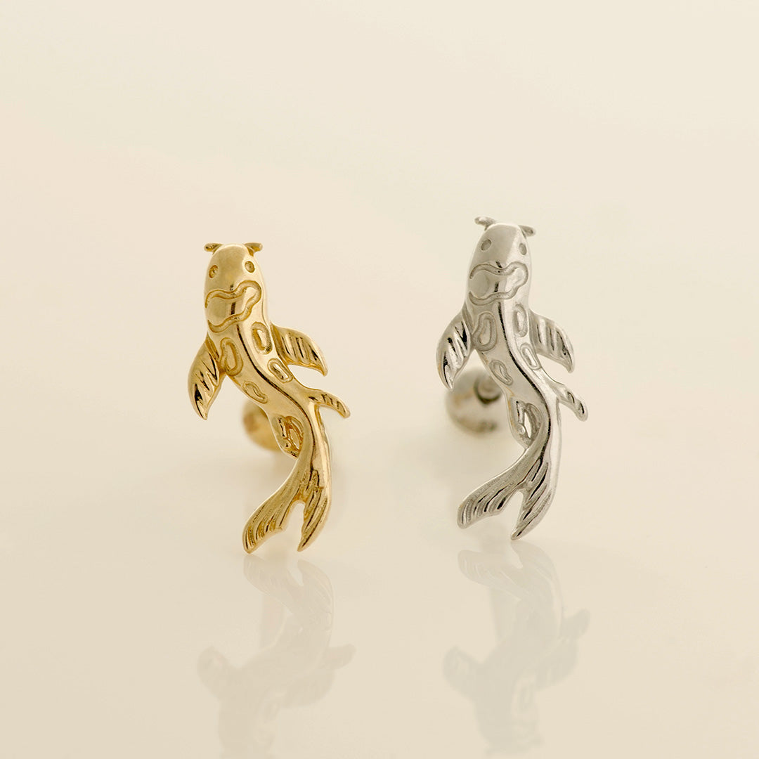 14K Solid Gold Curved Koi Fish Stud Piercing Earring - Anygolds 