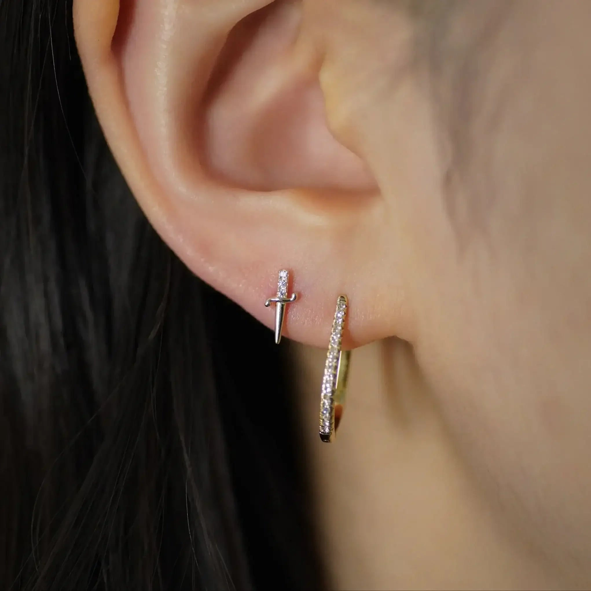 14K Solid Gold CZ Petite Dagger Stud – Anygolds