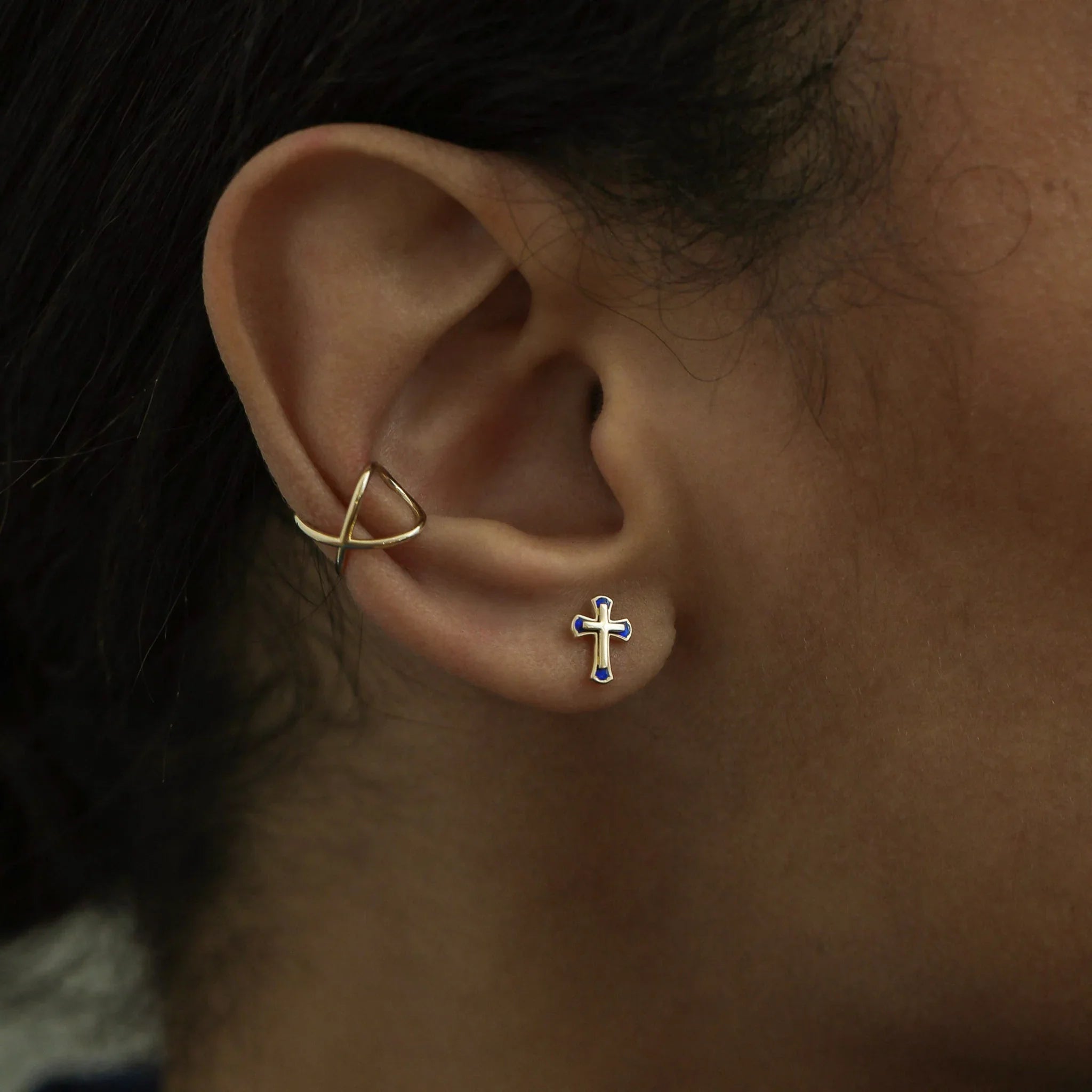 Blue Enamel Cross Stud Earrings - Anygolds