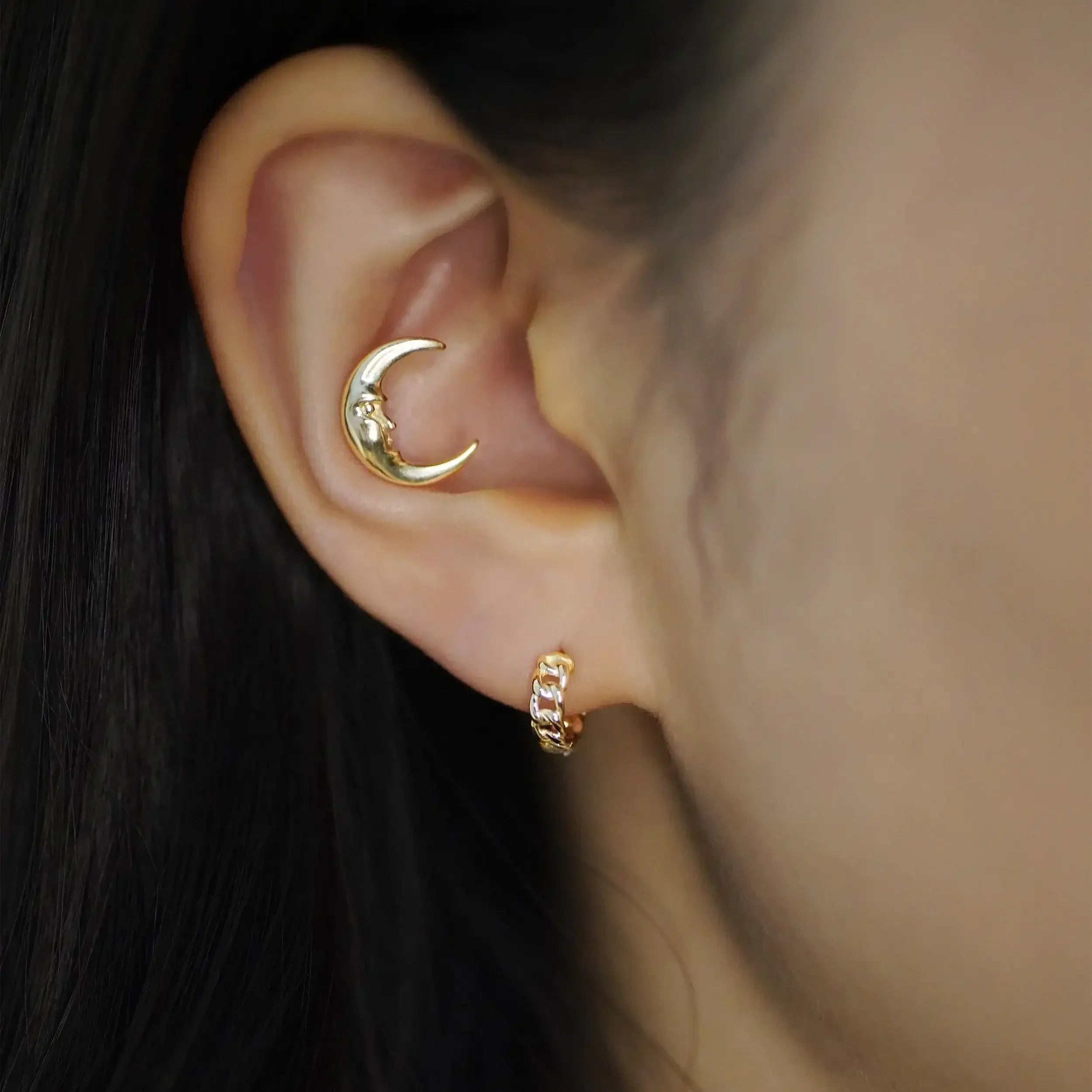 14K Solid Gold Crescent Moon Face Stud – Anygolds