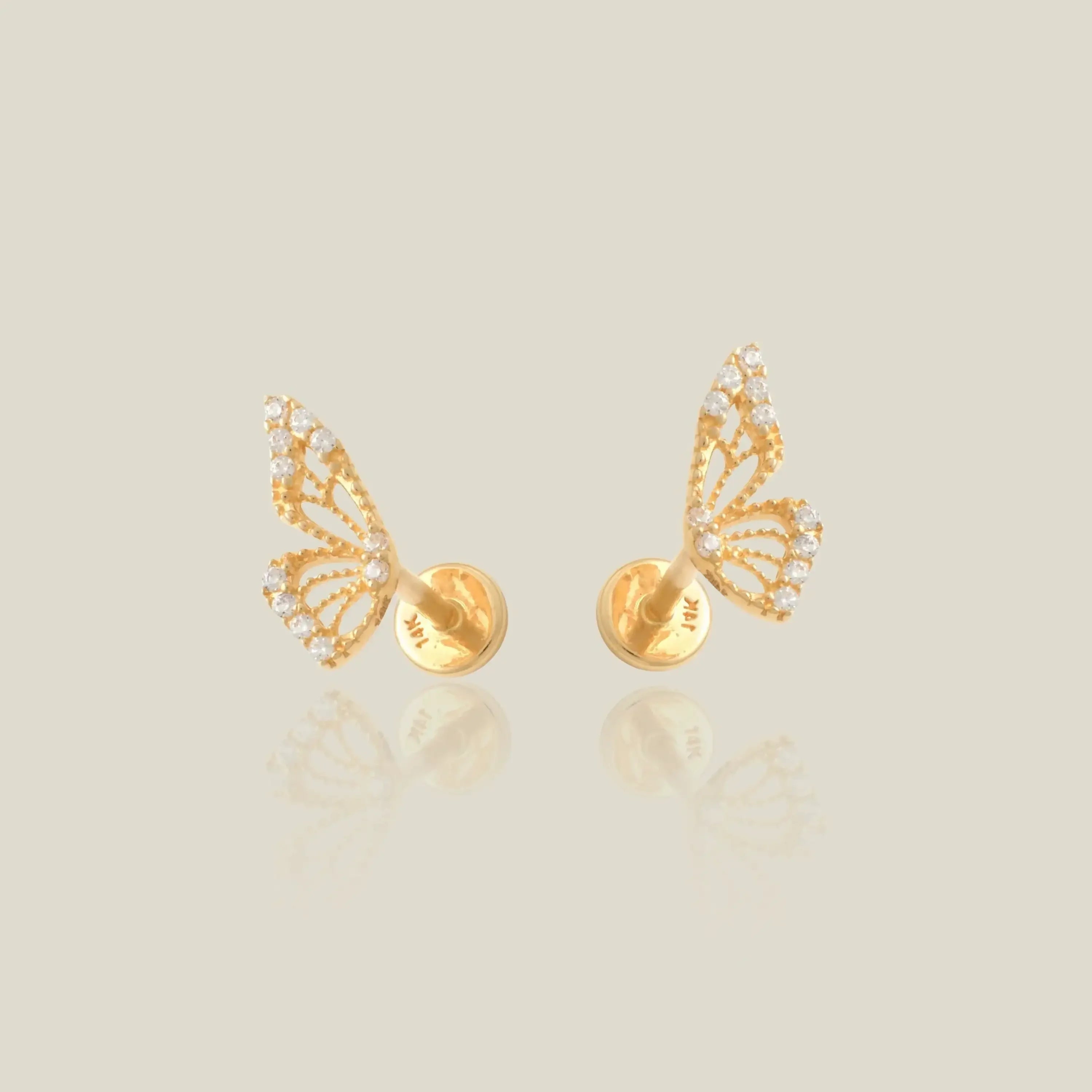14K Solid Gold CZ Butterfly Wing Stud – Anygolds