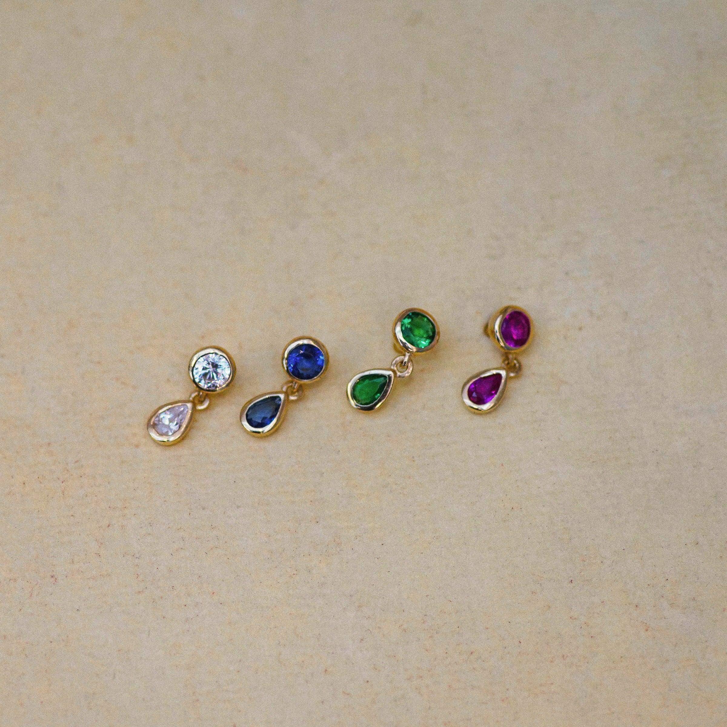14K Solid Gold Double Gem Drop Stud – Anygolds