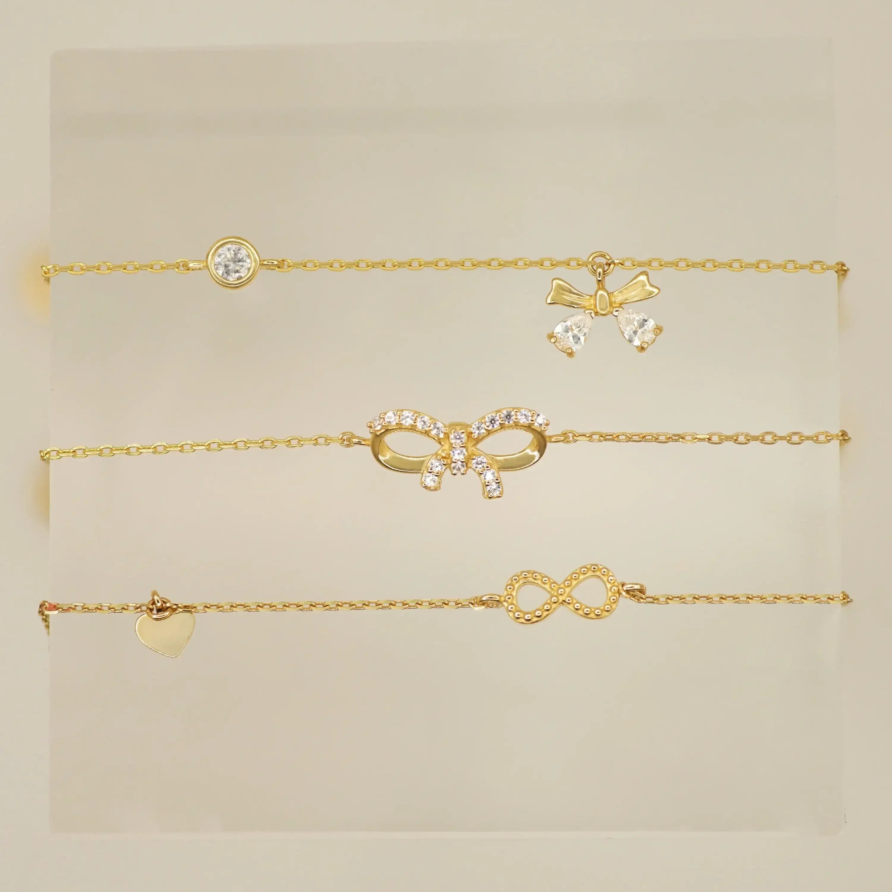 14K Solid Gold Bow & Round Stone Bracelet – Anygolds