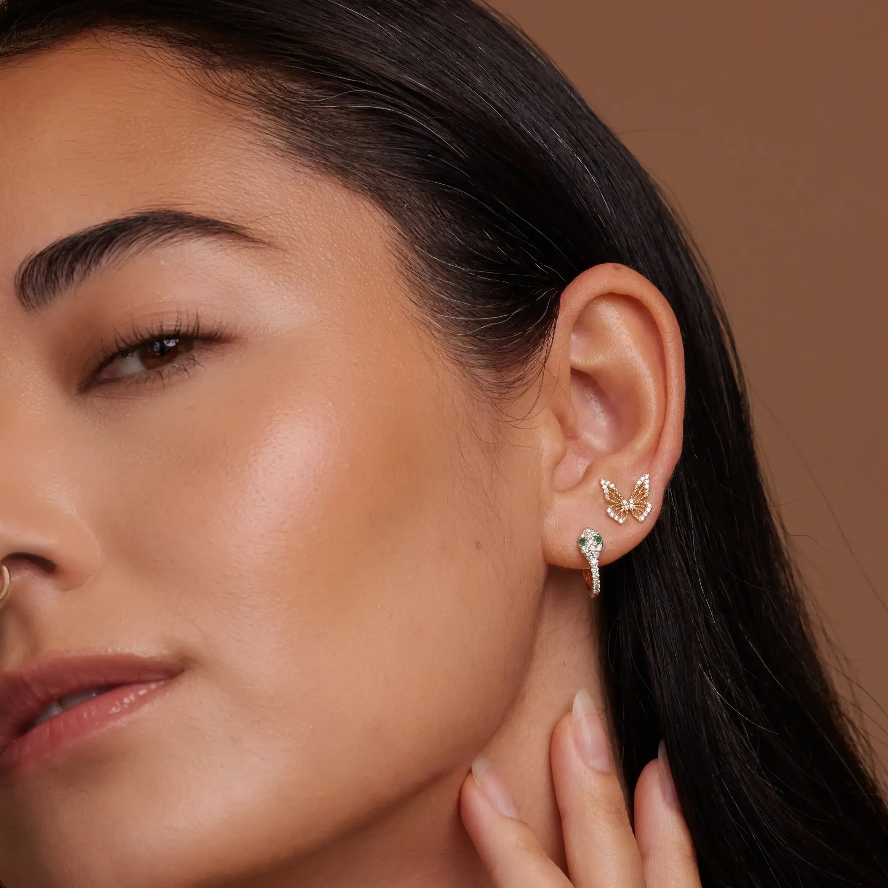 14K Solid Gold Diamond Emerald Snake Eyes Hoop Earrings – Anygolds