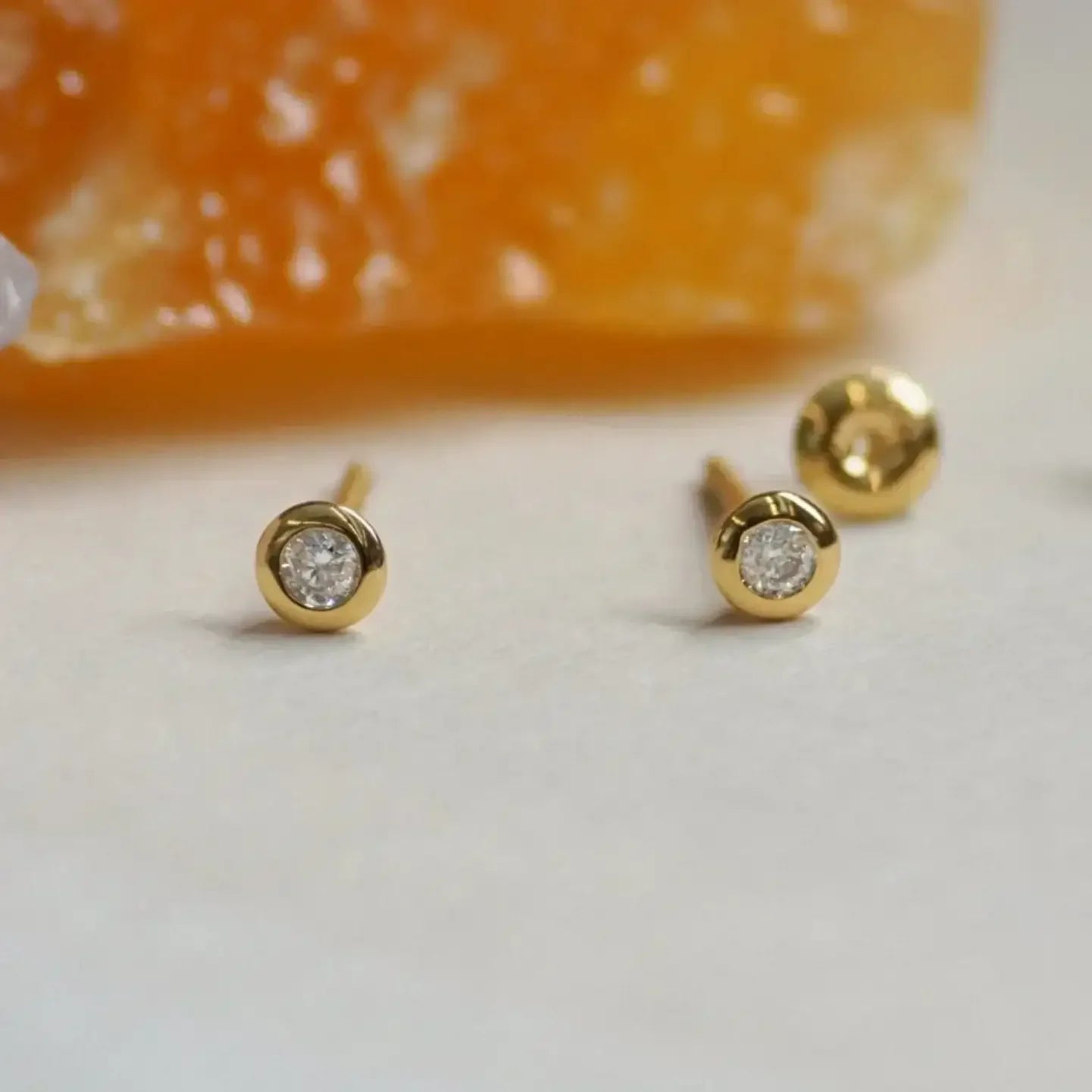 14K Solid Gold Bezel Diamond Round Stud Earrings – Anygolds