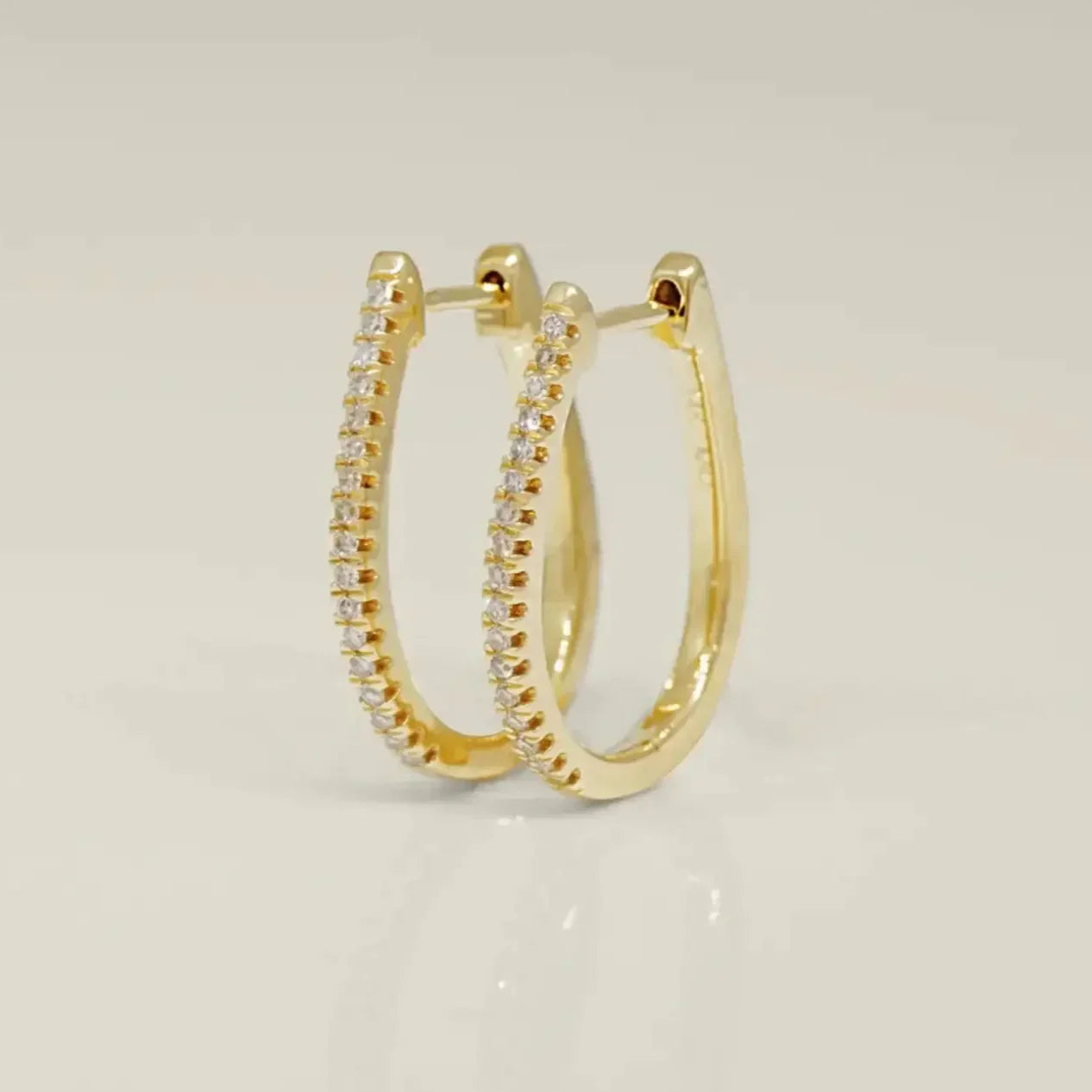 14K Solid Gold Diamond Oval Shaped Hoop Earrings (Single & Double Row) – Anygolds