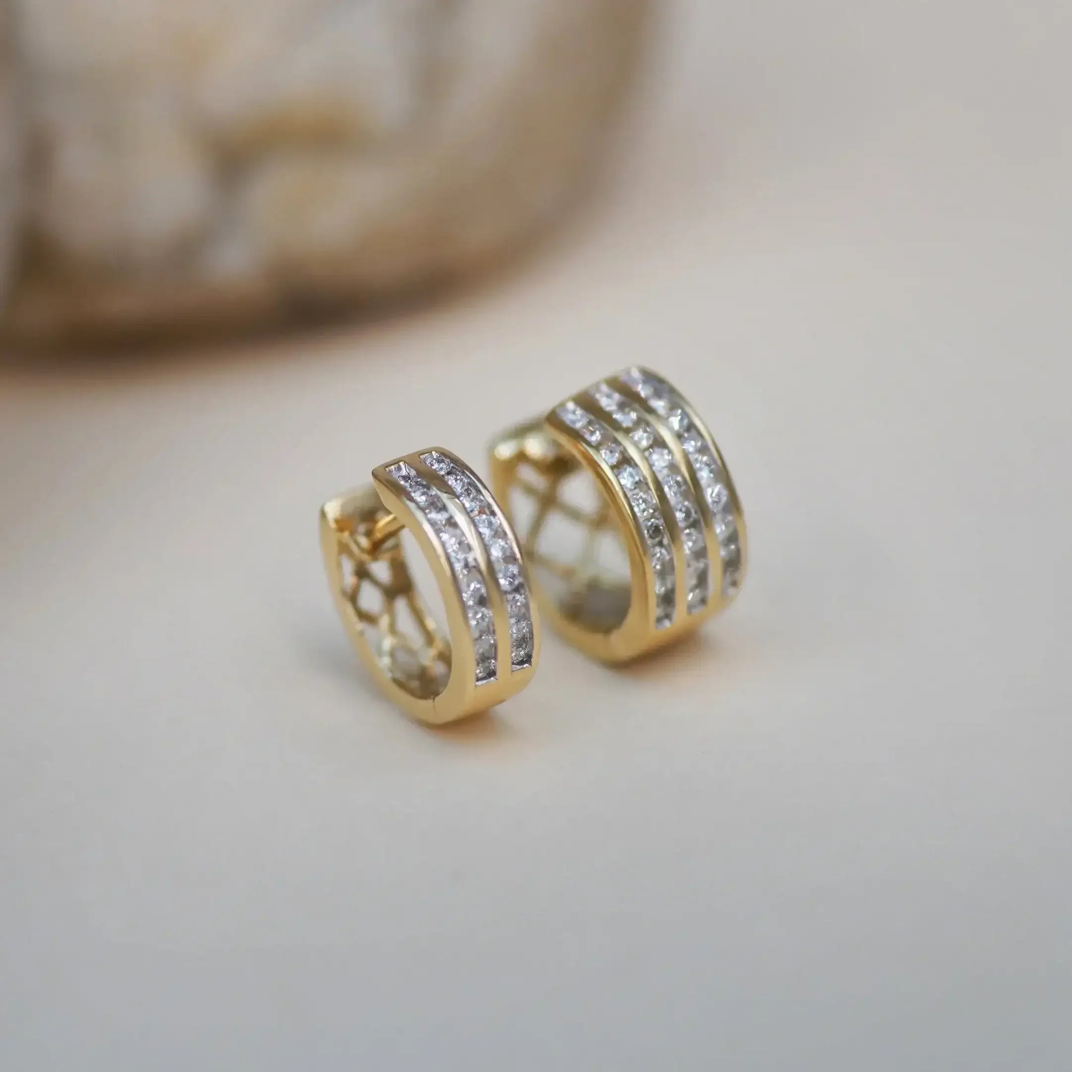 14K Solid Gold Pavé Row Diamond Huggie Hoop Earrings (2&3 Rows) – Anygolds