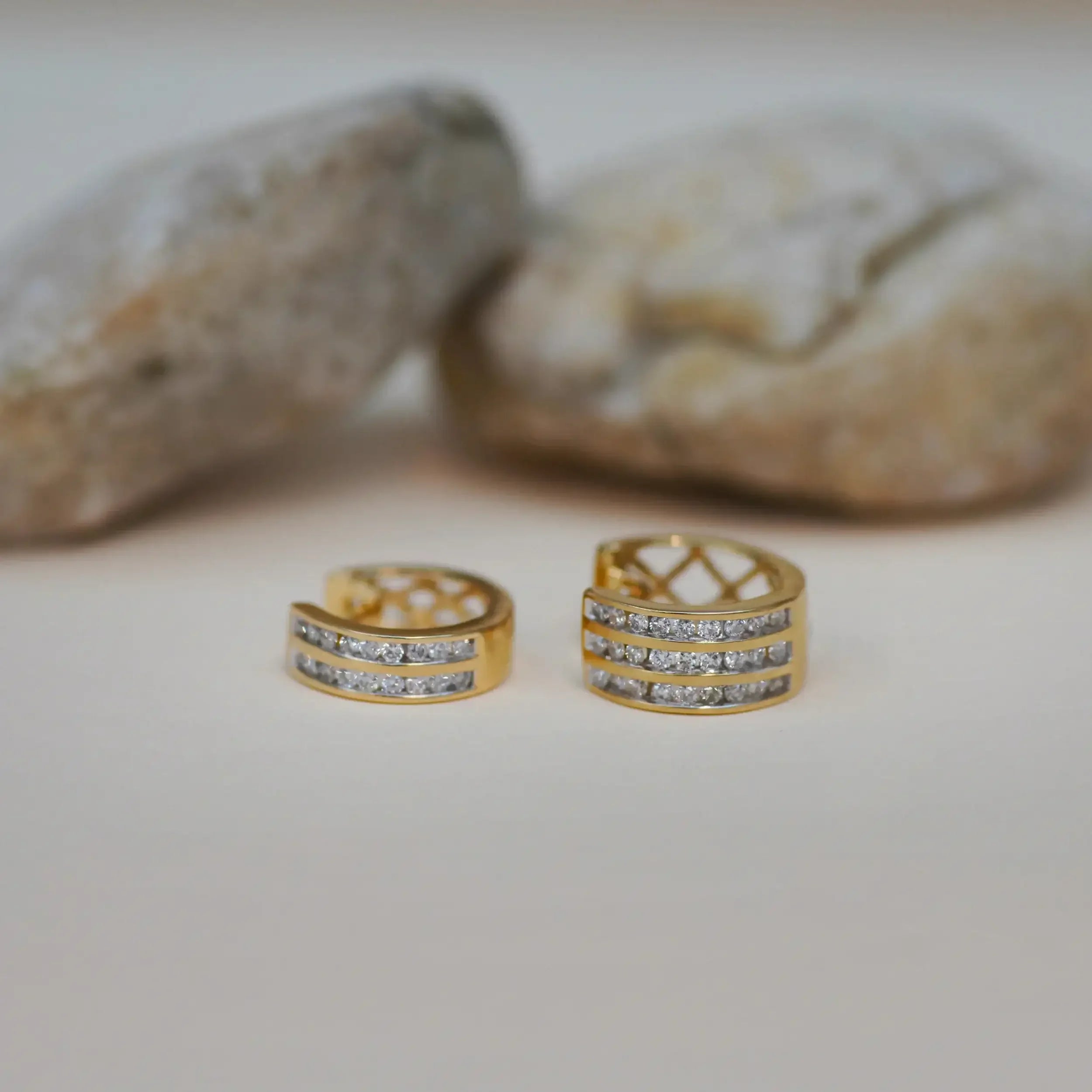 14K Solid Gold Pavé Row Diamond Huggie Hoop Earrings (2&3 Rows) – Anygolds