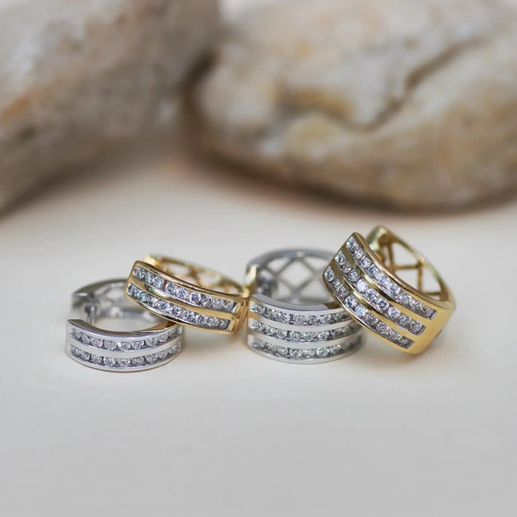 14K Solid Gold Pavé Row Diamond Huggie Hoop Earrings (2&3 Rows) – Anygolds